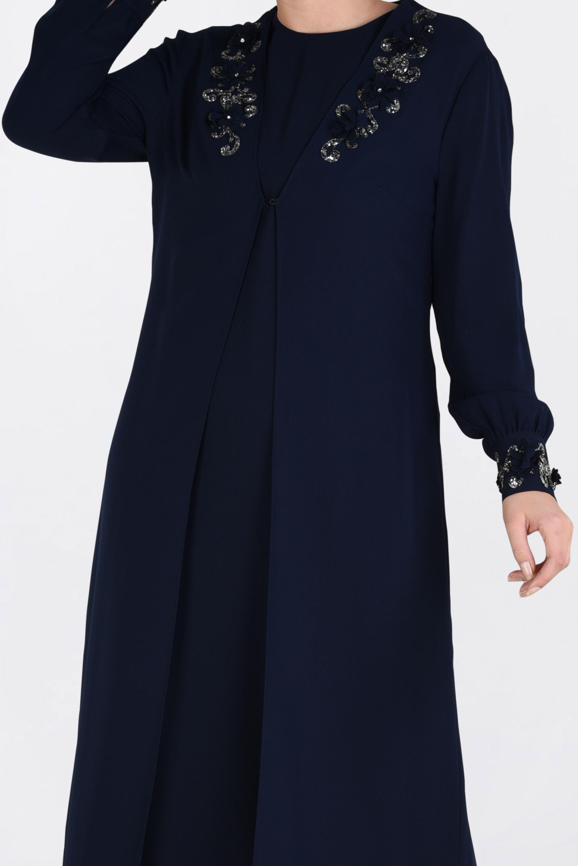 Tesettür giyim LACİVERT BONCUK İŞLEMELİ 2&prime;Lİ ELBİSELİ TAKIM 3417