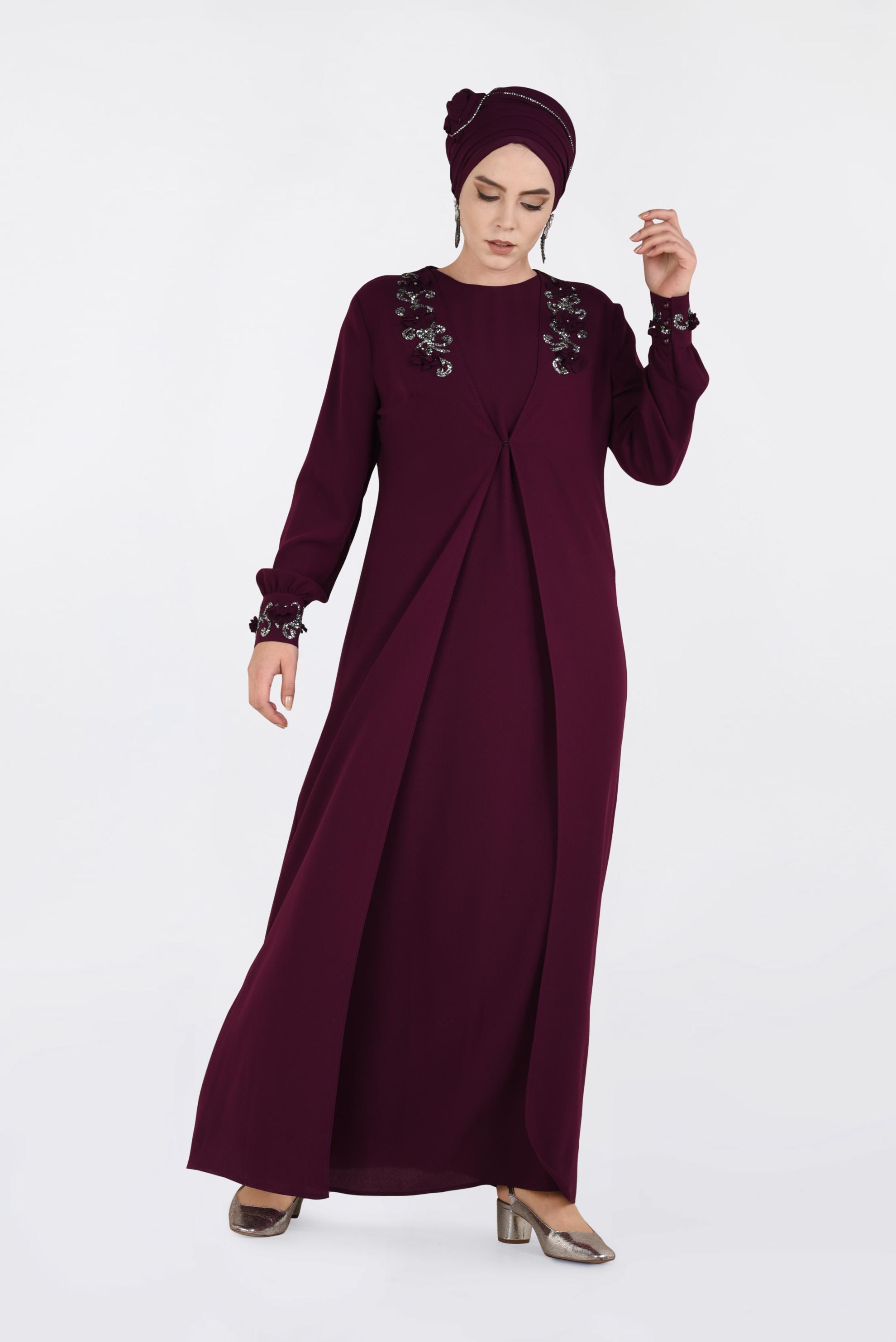 Tesettür giyim MÜRDÜM BONCUK İŞLEMELİ 2&prime;Lİ ELBİSELİ TAKIM 3417