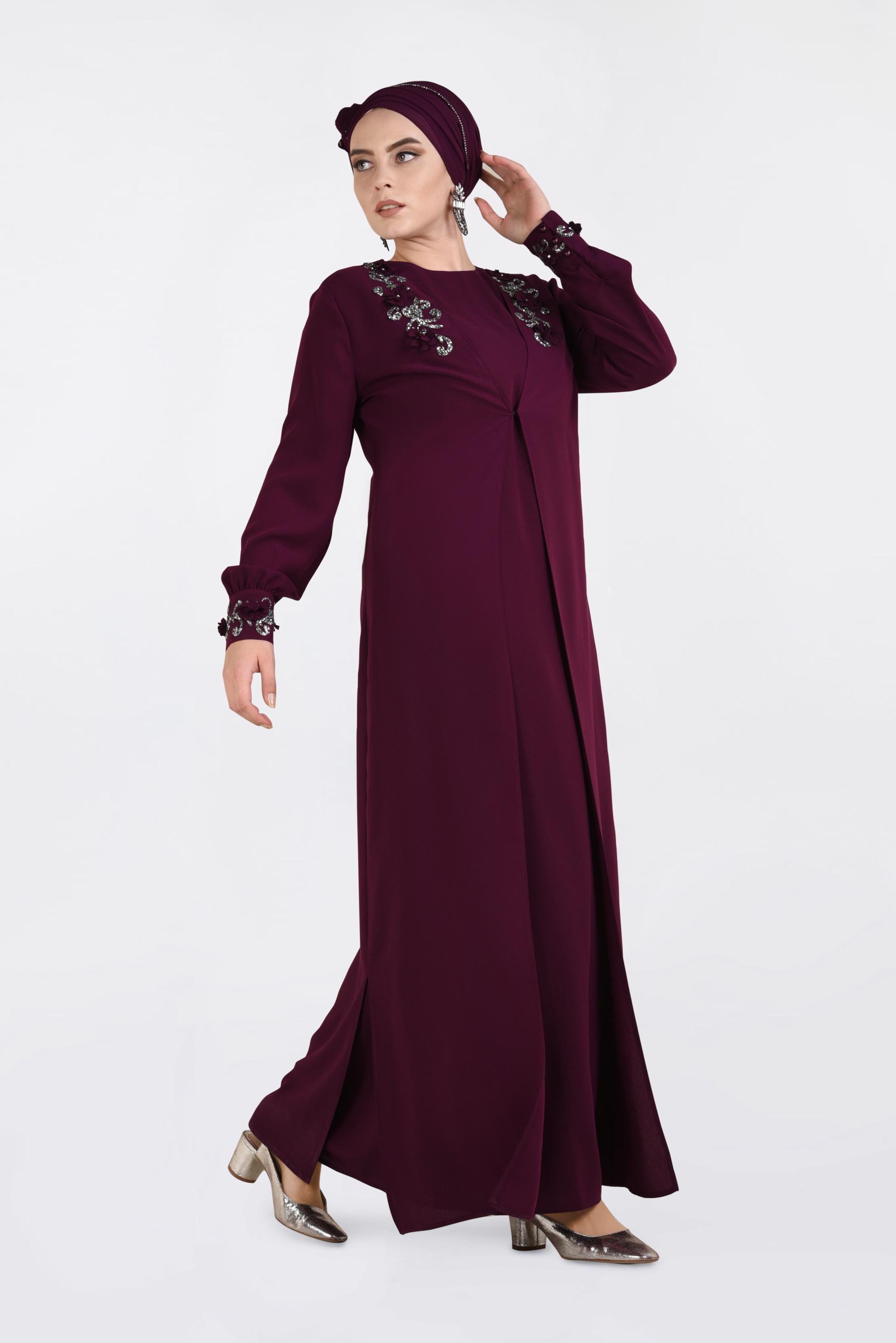 Tesettür giyim MÜRDÜM BONCUK İŞLEMELİ 2&prime;Lİ ELBİSELİ TAKIM 3417