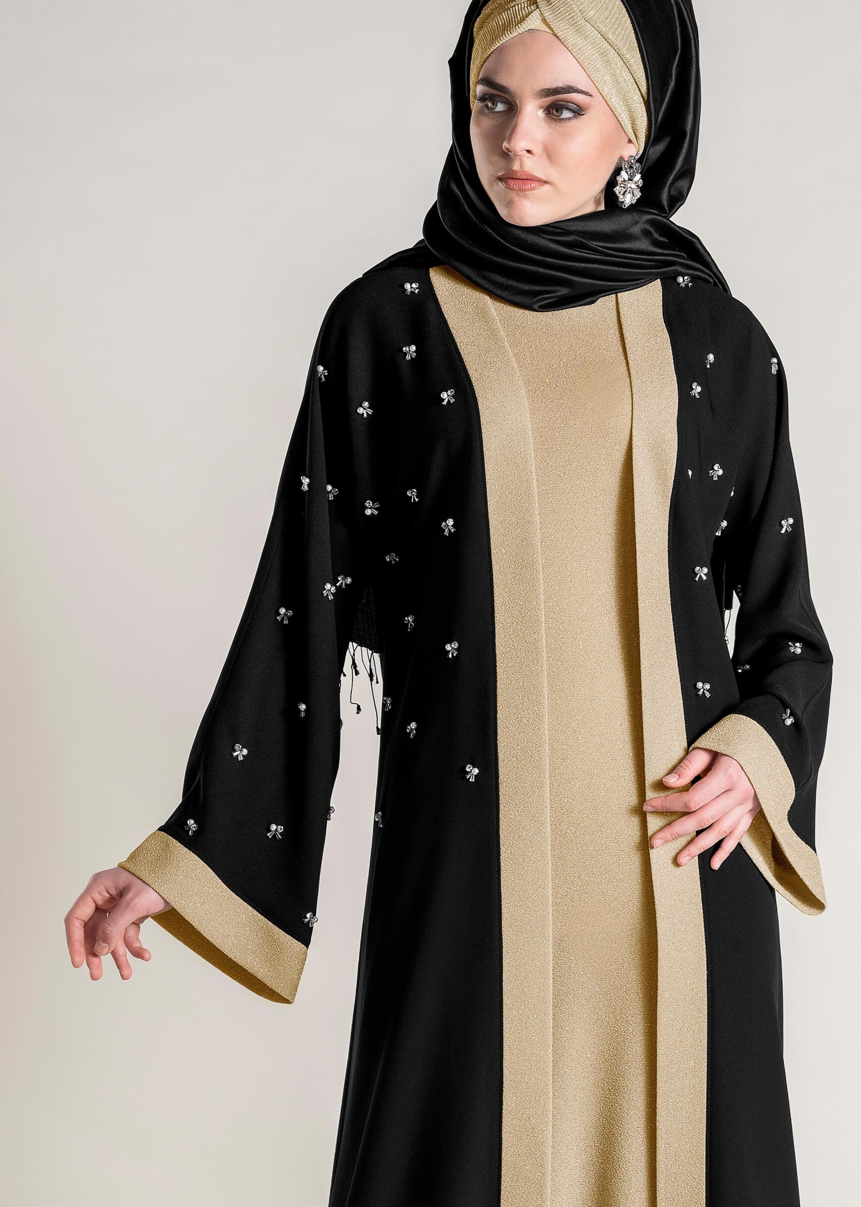 Tesettür giyim ALTIN BONCUK İŞLEMELİ SİMLİ 2′Lİ ELBİSELİ TAKIM 3427