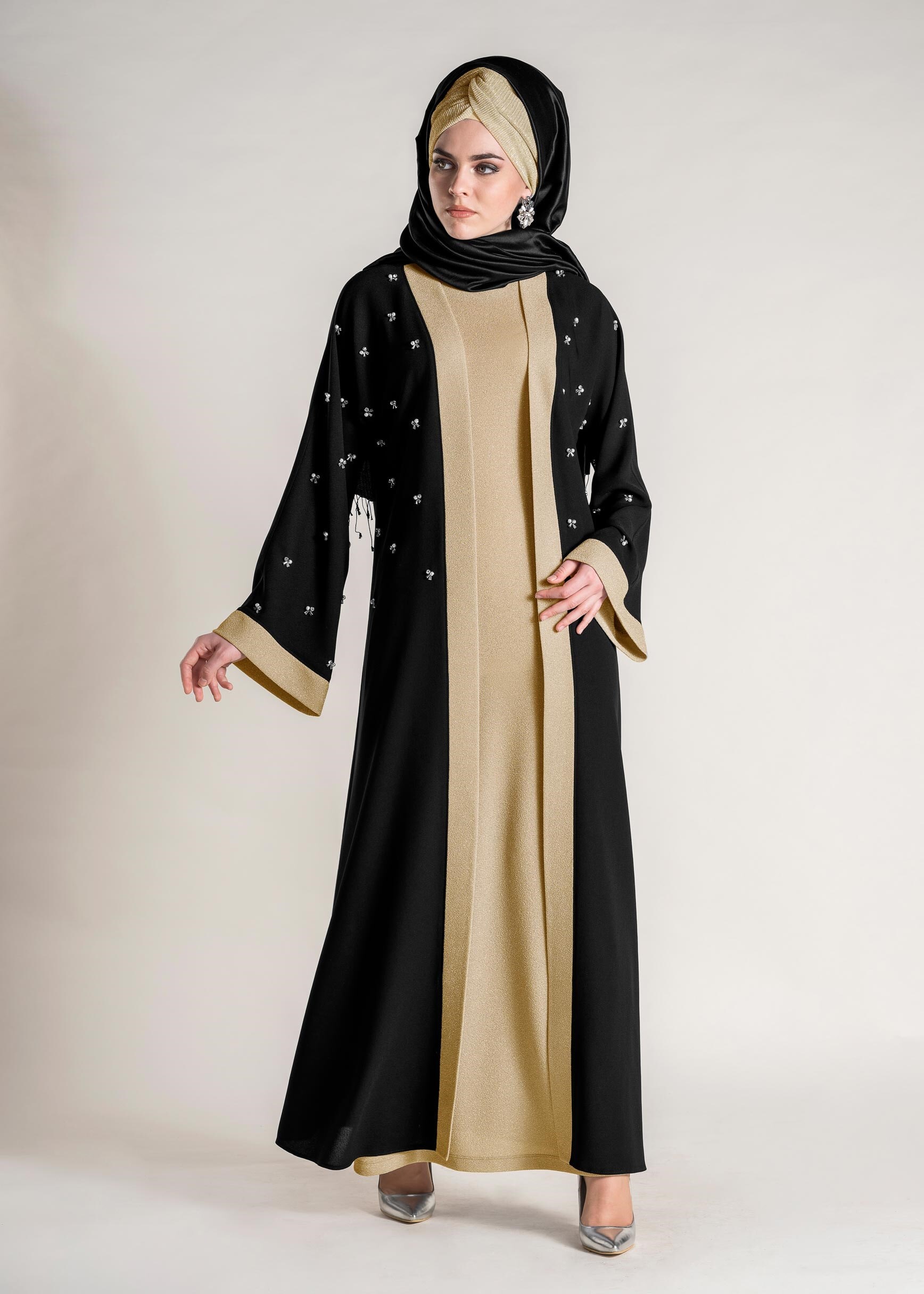 Tesettür giyim ALTIN BONCUK İŞLEMELİ SİMLİ 2′Lİ ELBİSELİ TAKIM 3427