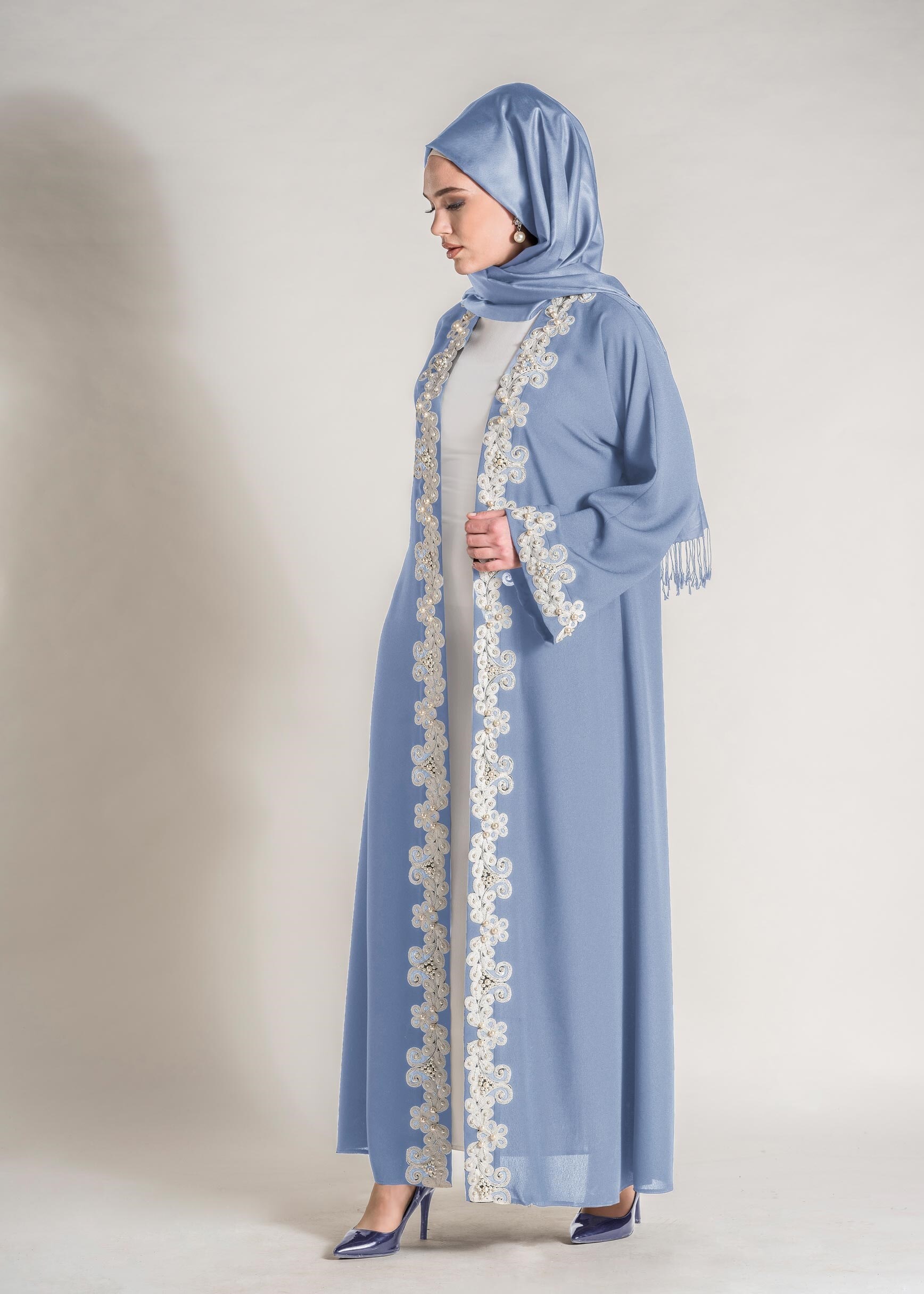 Tesettür giyim MAVİ GÜPÜRLÜ SALAŞ 2&prime;Lİ ELBİSELİ TAKIM 3428