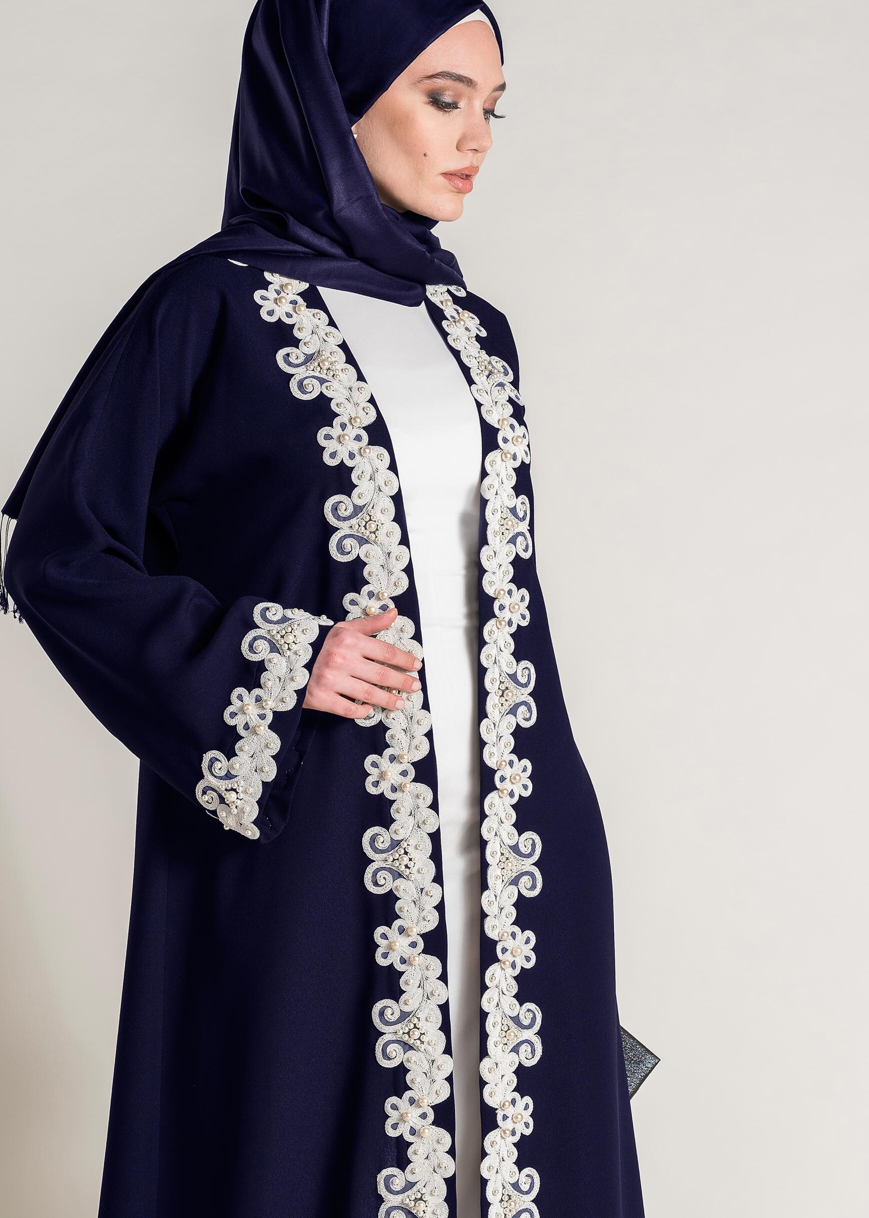 Tesettür giyim LACİVERT GÜPÜRLÜ SALAŞ 2&prime;Lİ ELBİSELİ TAKIM 3428