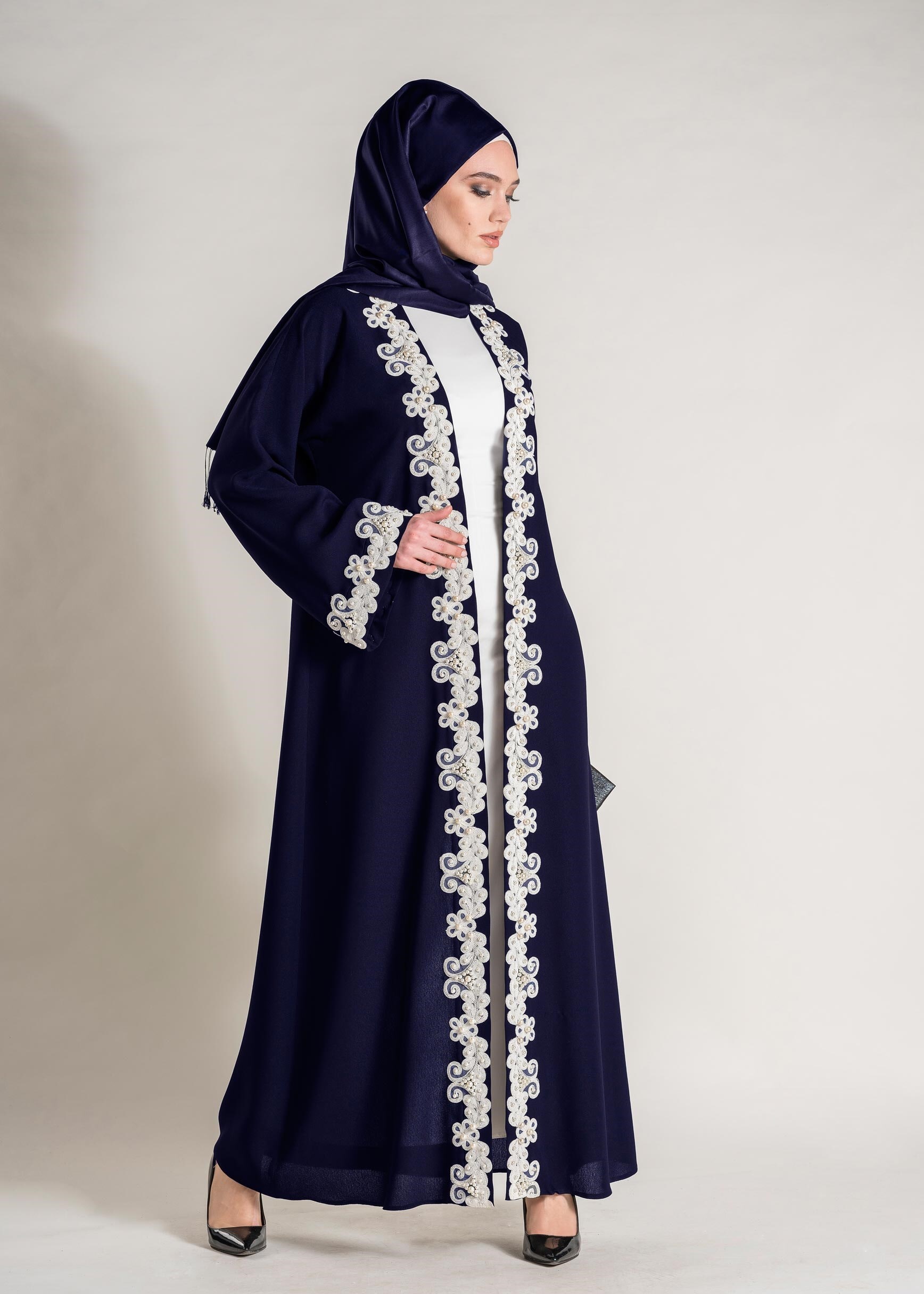 Tesettür giyim LACİVERT GÜPÜRLÜ SALAŞ 2&prime;Lİ ELBİSELİ TAKIM 3428