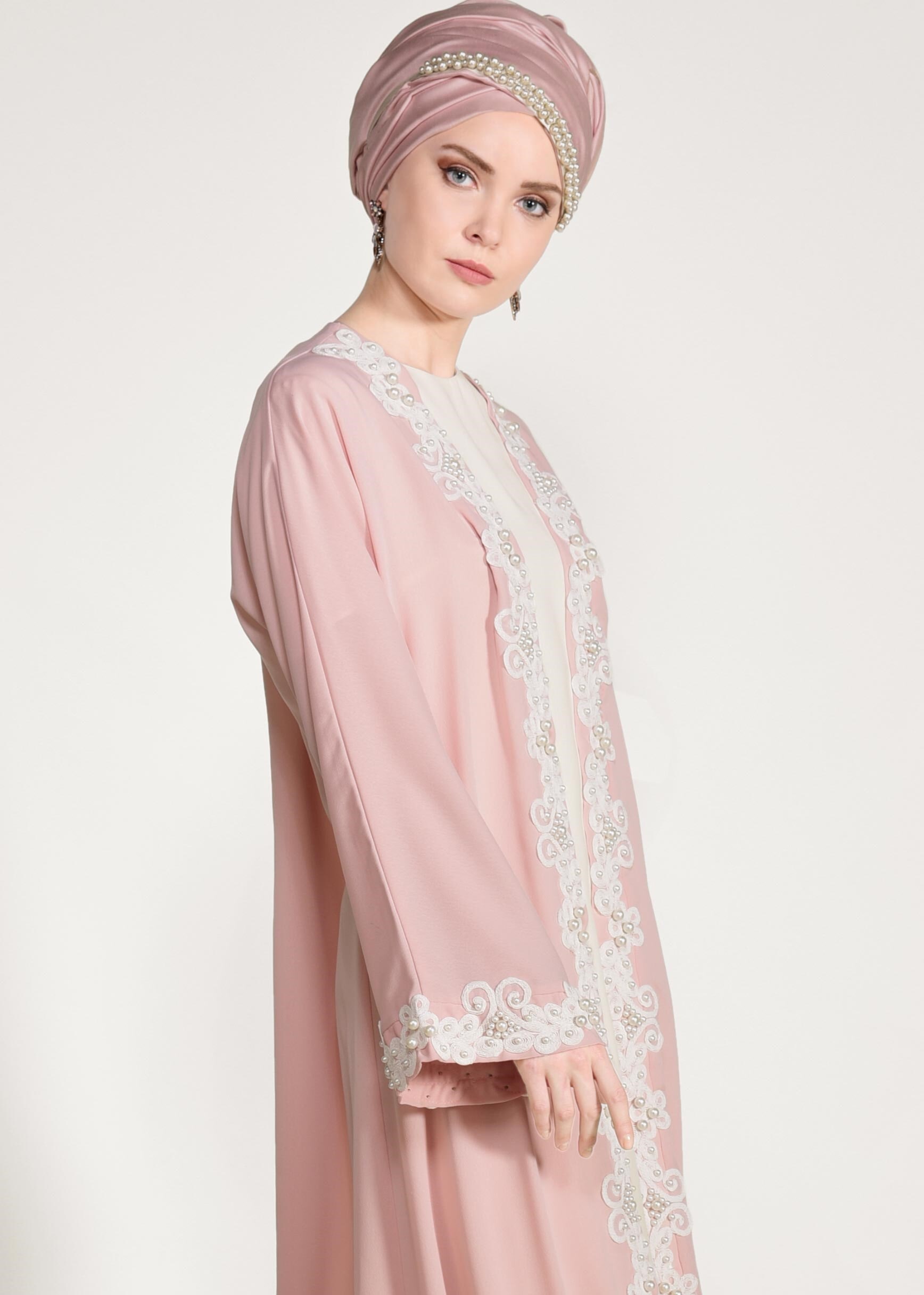 Tesettür giyim PUDRA GÜPÜRLÜ SALAŞ 2′Lİ ELBİSELİ TAKIM 3428