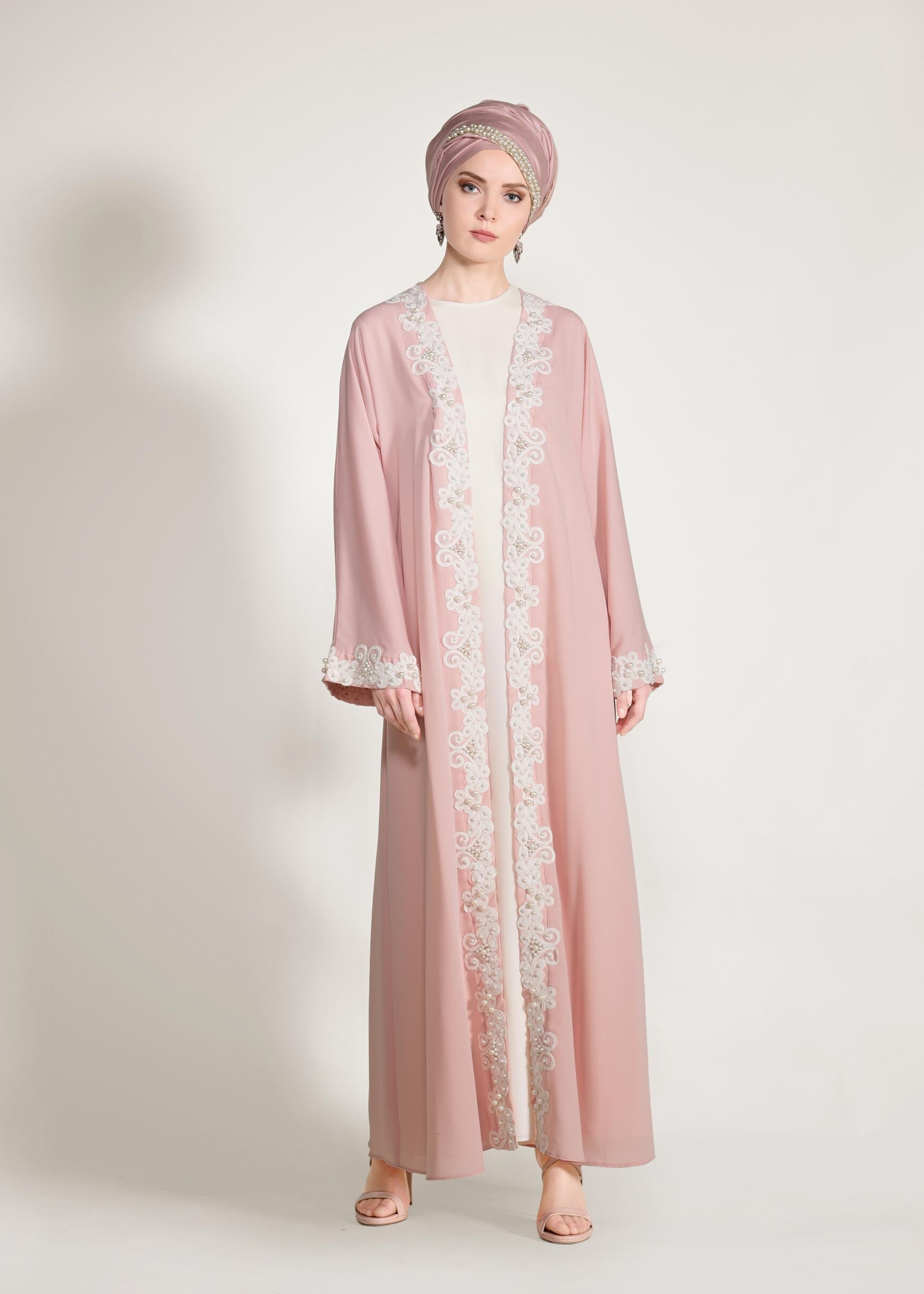 Tesettür giyim PUDRA GÜPÜRLÜ SALAŞ 2′Lİ ELBİSELİ TAKIM 3428