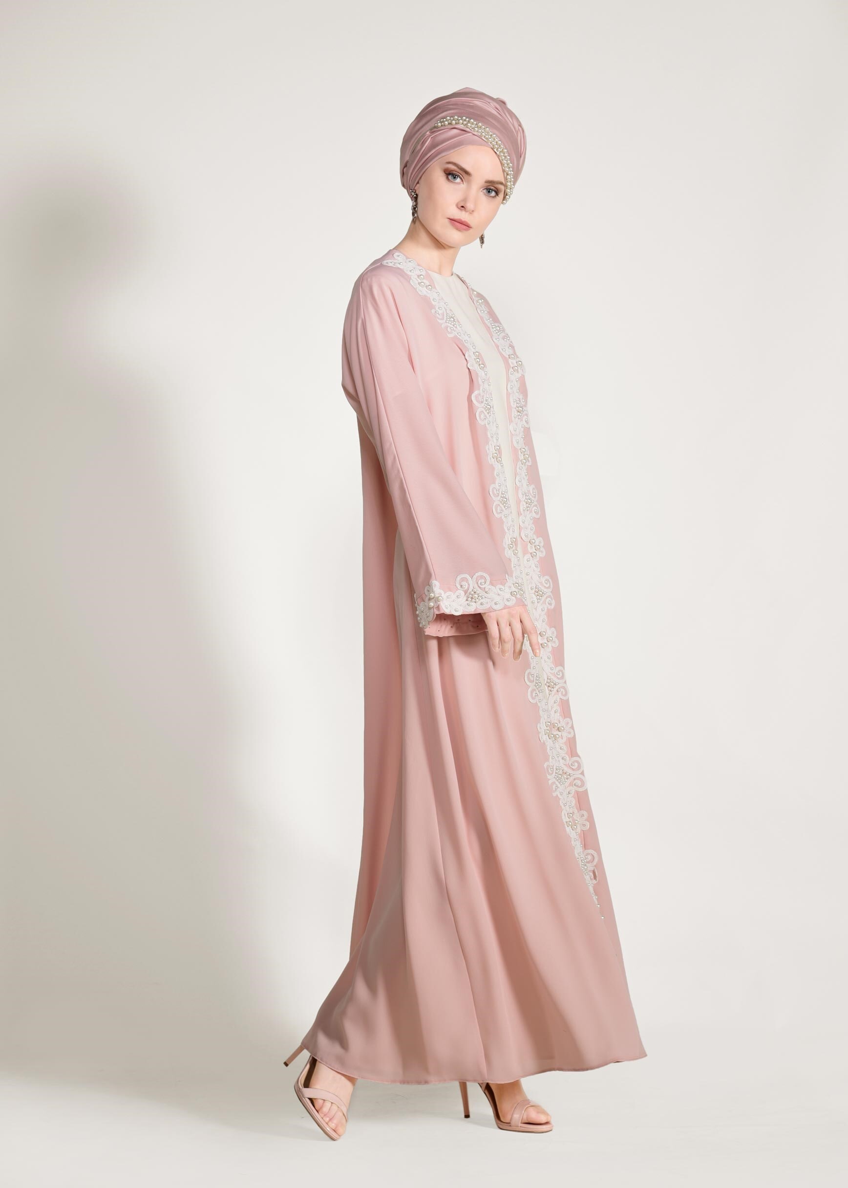 Tesettür giyim PUDRA GÜPÜRLÜ SALAŞ 2′Lİ ELBİSELİ TAKIM 3428