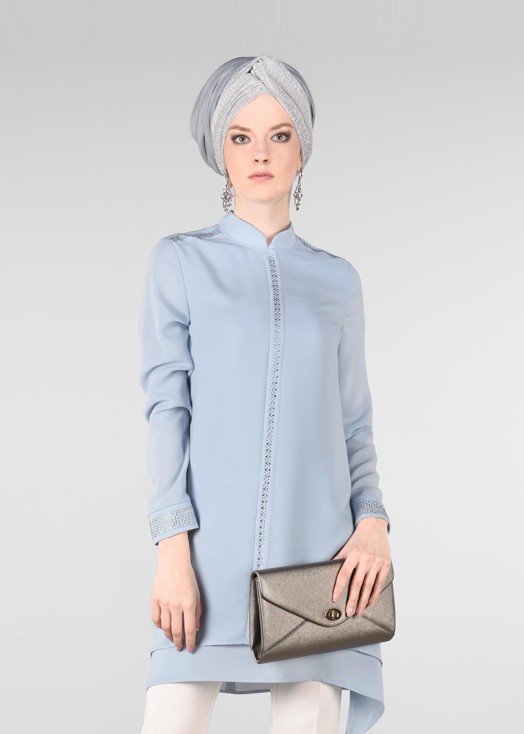 Tesettür giyim MAVİ TAŞ BASKILI 2&prime;Lİ PANTOLON TAKIM 3408