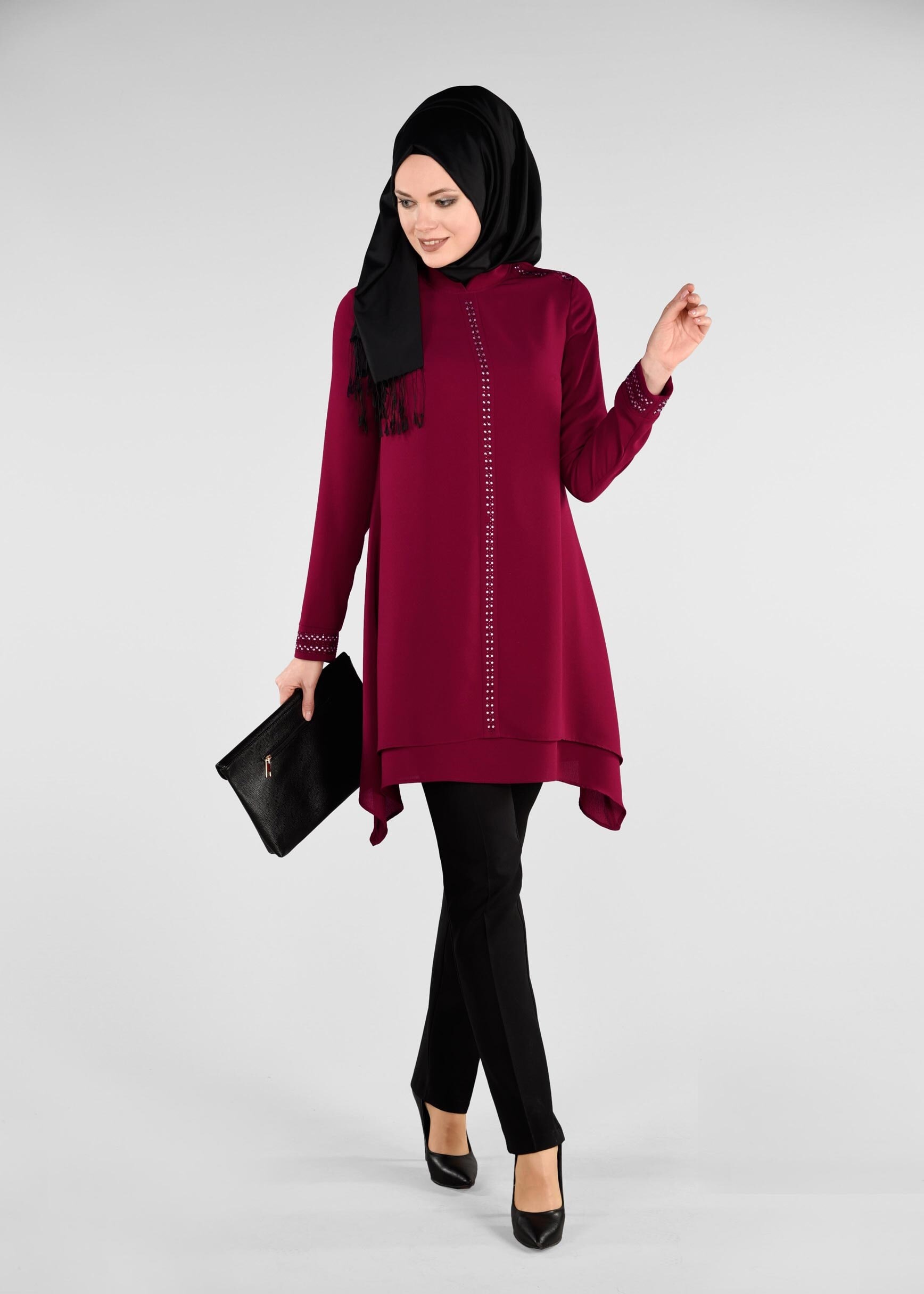 Tesettür giyim MOR TAŞ BASKILI 2&prime;Lİ PANTOLON TAKIM 3408