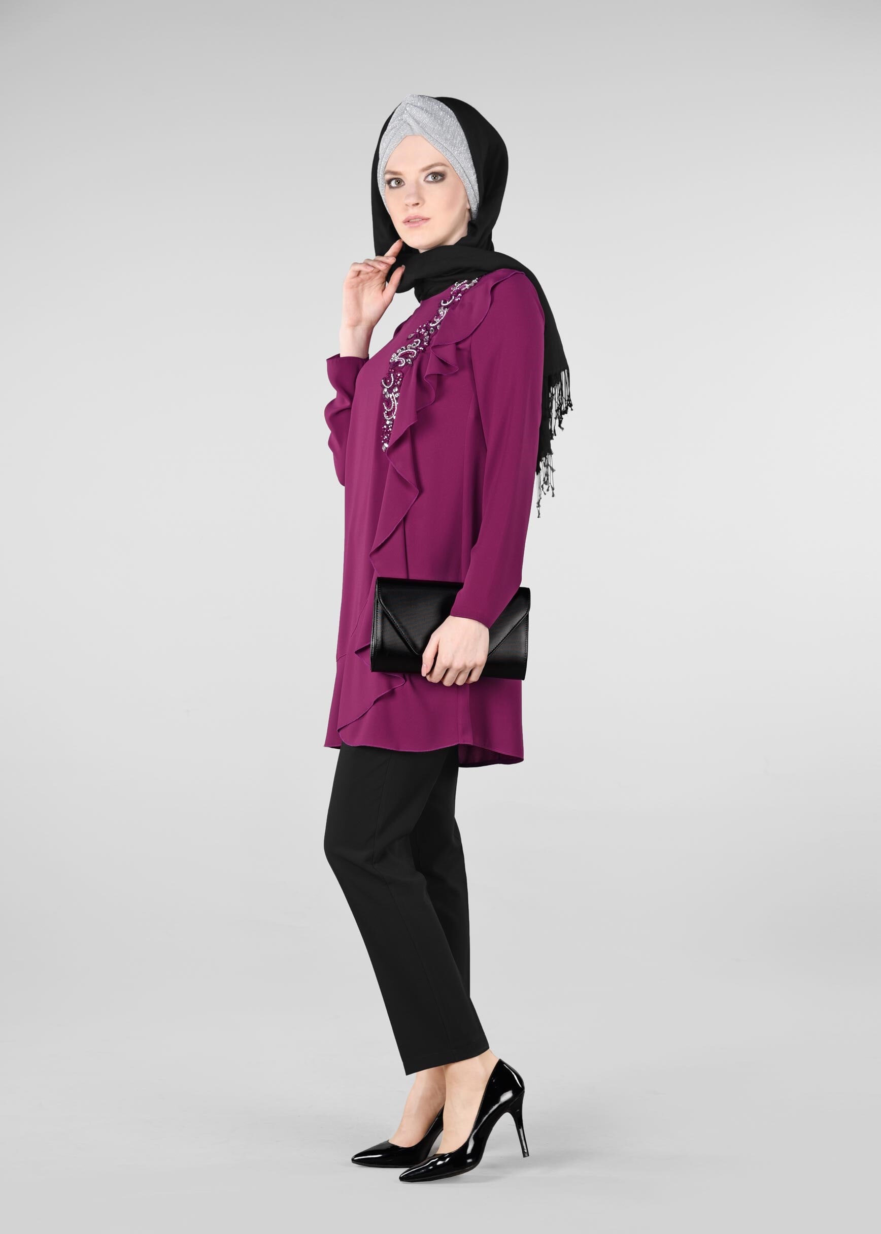 Tesettür giyim FUŞYA TAŞ İŞLEMELİ FIRFIRLI 2&prime;Lİ PANTOLON TAKIM 3409