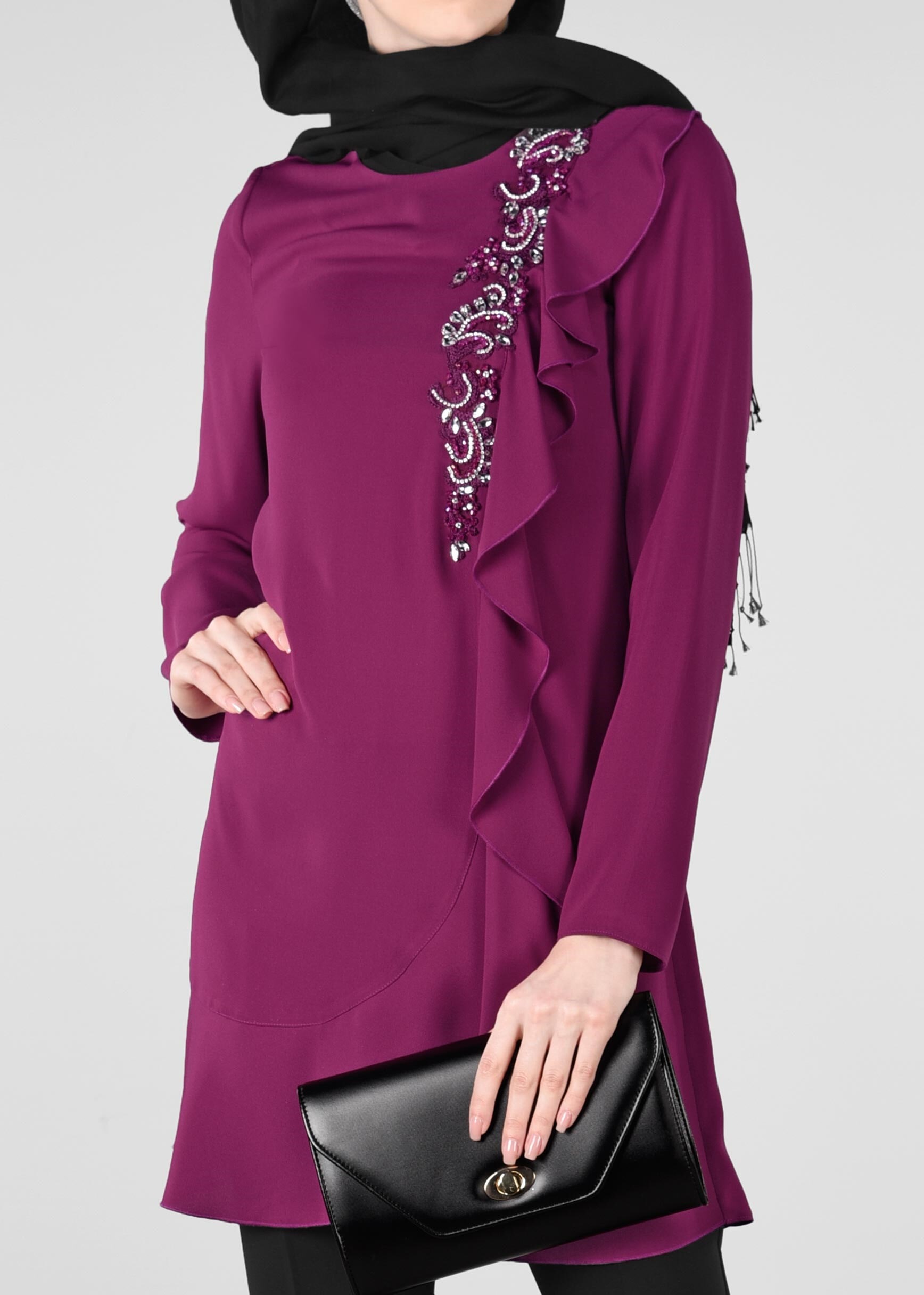 Tesettür giyim FUŞYA TAŞ İŞLEMELİ FIRFIRLI 2&prime;Lİ PANTOLON TAKIM 3409