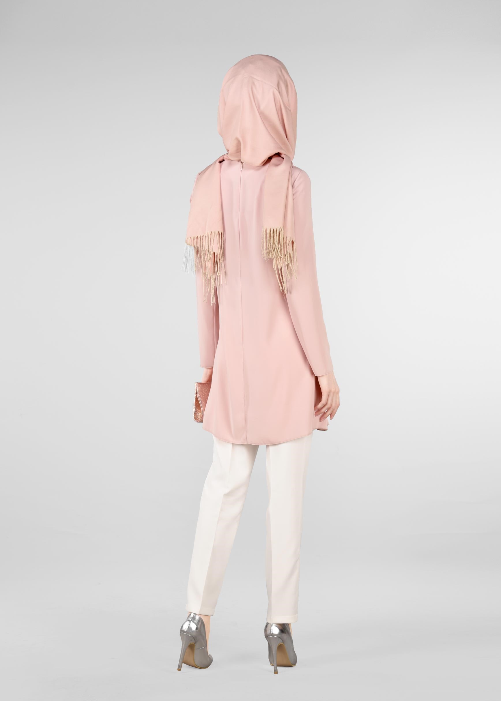 Tesettür giyim PUDRA TAŞ İŞLEMELİ FIRFIRLI 2&prime;Lİ PANTOLON TAKIM 3409