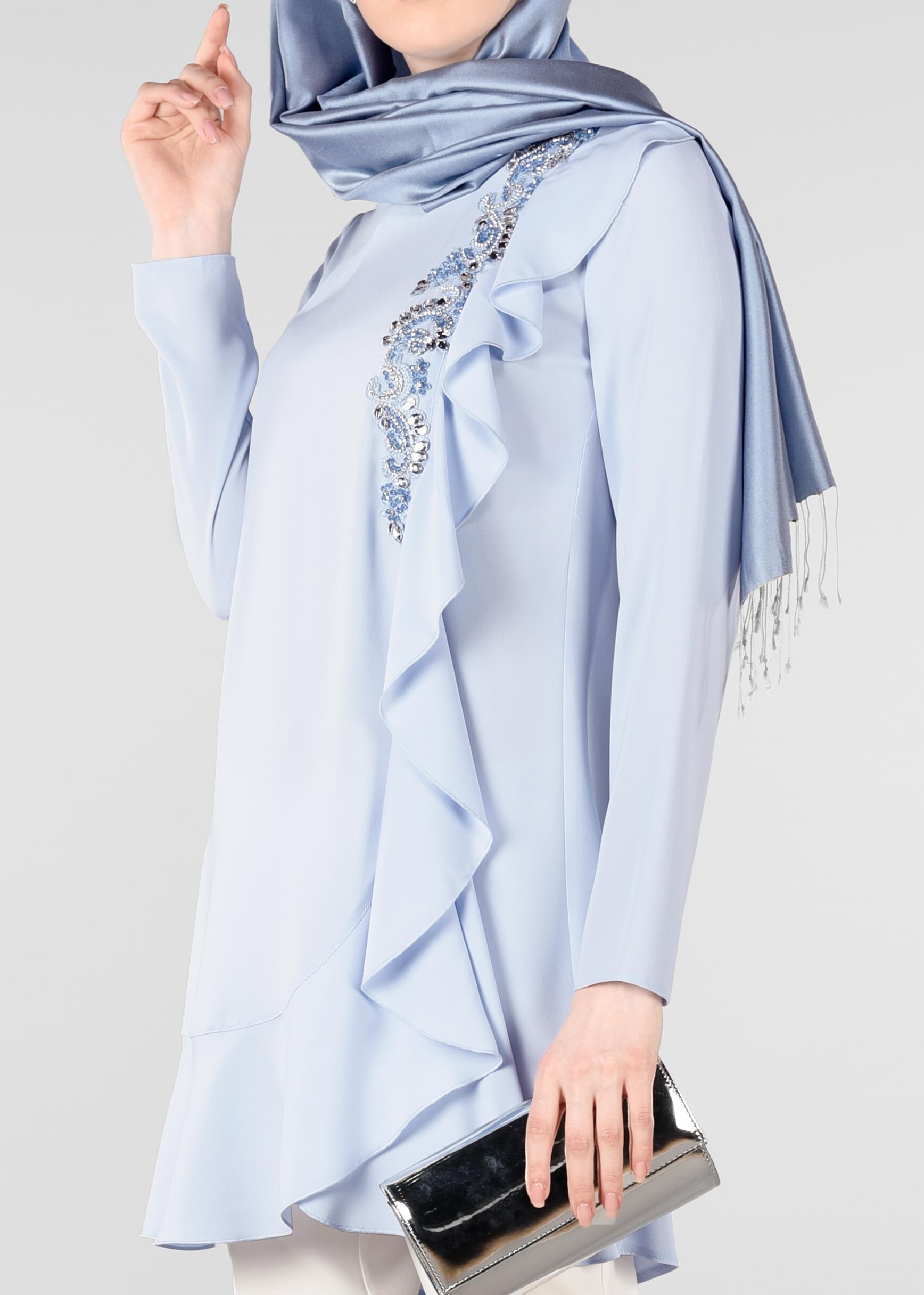 Tesettür giyim MAVİ TAŞ İŞLEMELİ FIRFIRLI 2&prime;Lİ PANTOLON TAKIM 3409