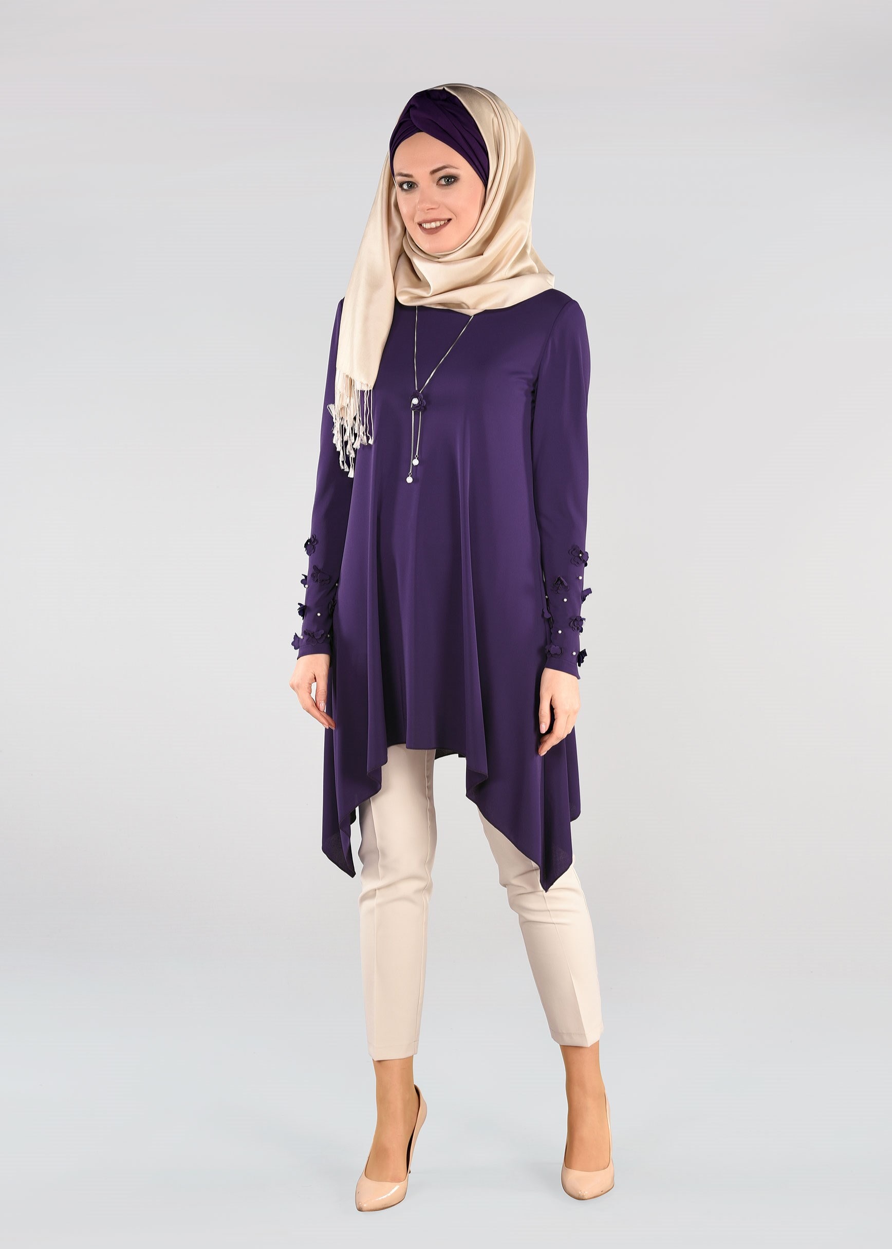 Tesettür giyim MOR ASİMETRİK KESİM ÜÇ BOYUT ÇİÇEKLİ 2&prime;Lİ PANTOLONLU TAKIM 3411
