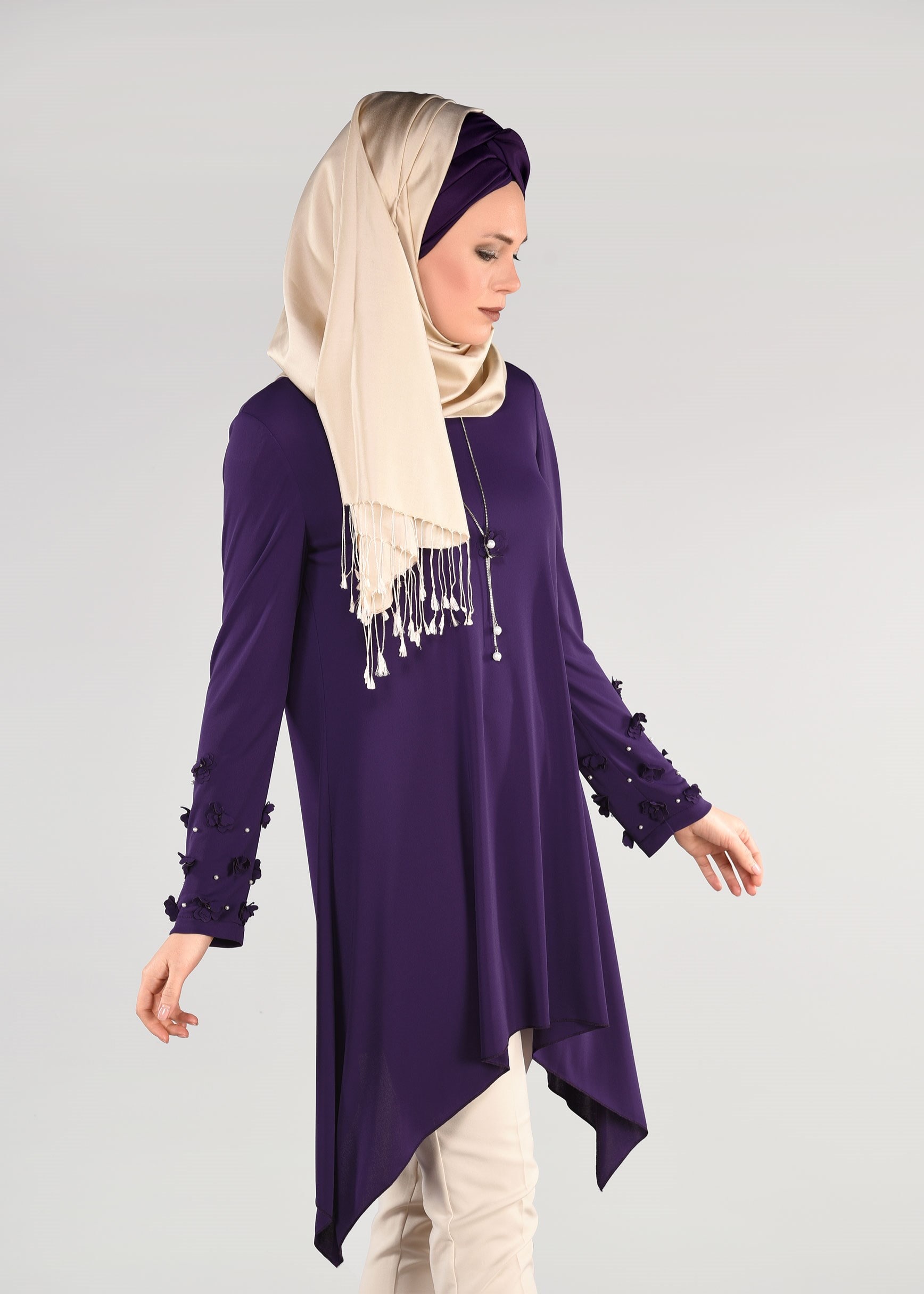 Tesettür giyim MOR ASİMETRİK KESİM ÜÇ BOYUT ÇİÇEKLİ 2&prime;Lİ PANTOLONLU TAKIM 3411