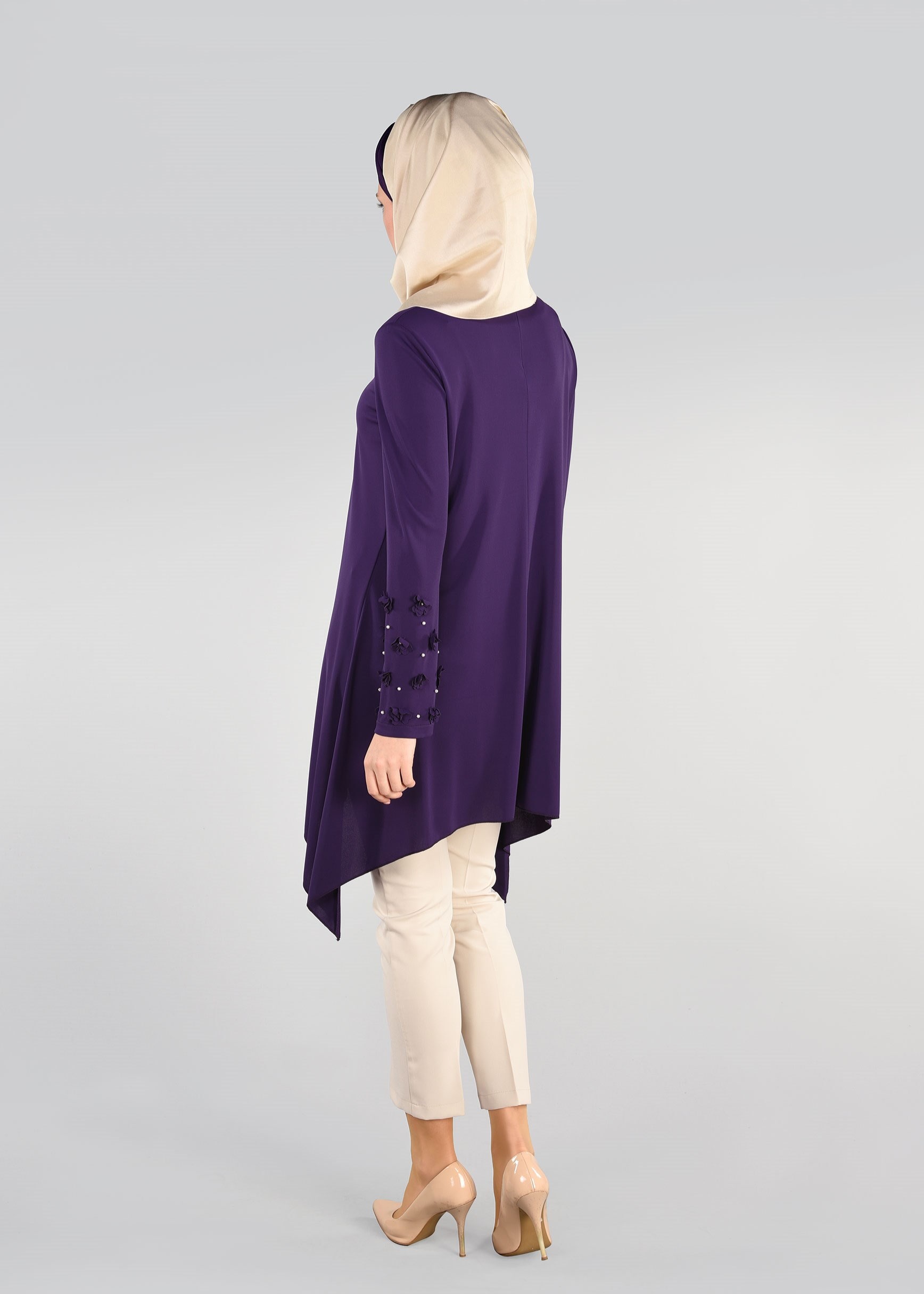 Tesettür giyim MOR ASİMETRİK KESİM ÜÇ BOYUT ÇİÇEKLİ 2&prime;Lİ PANTOLONLU TAKIM 3411