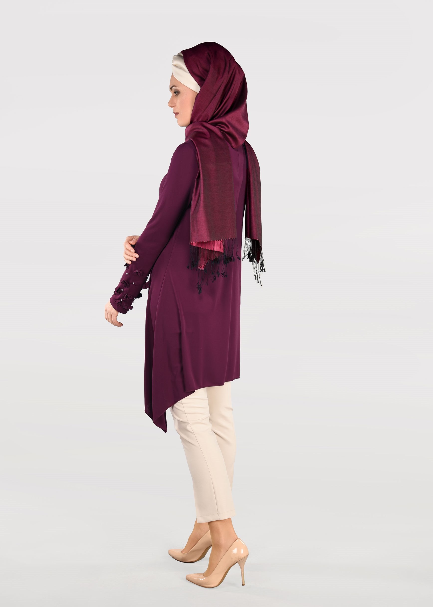 Tesettür giyim MOR ASİMETRİK KESİM ÜÇ BOYUT ÇİÇEKLİ 2&prime;Lİ PANTOLONLU TAKIM 3411