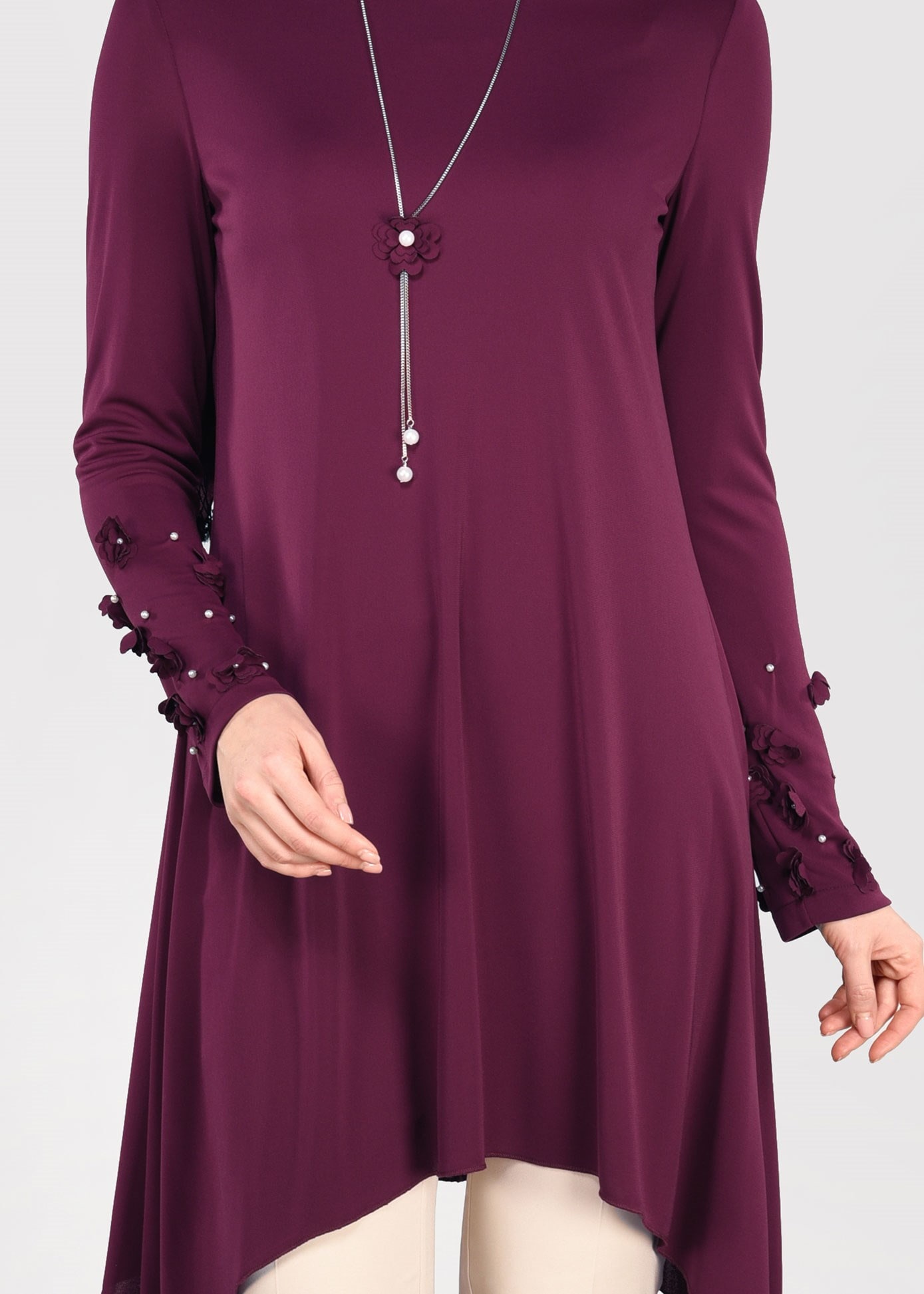 Tesettür giyim MOR ASİMETRİK KESİM ÜÇ BOYUT ÇİÇEKLİ 2&prime;Lİ PANTOLONLU TAKIM 3411