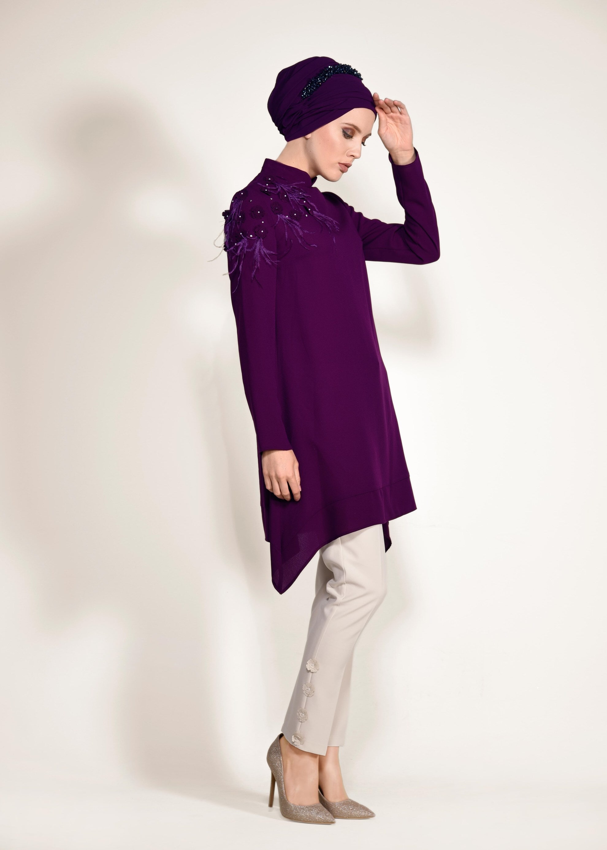 Tesettür giyim MÜRDÜM ÜÇ BOYUTLU ÇİÇEK DETAYLI 2&prime;Lİ PANTOLONLU TAKIM 3415P