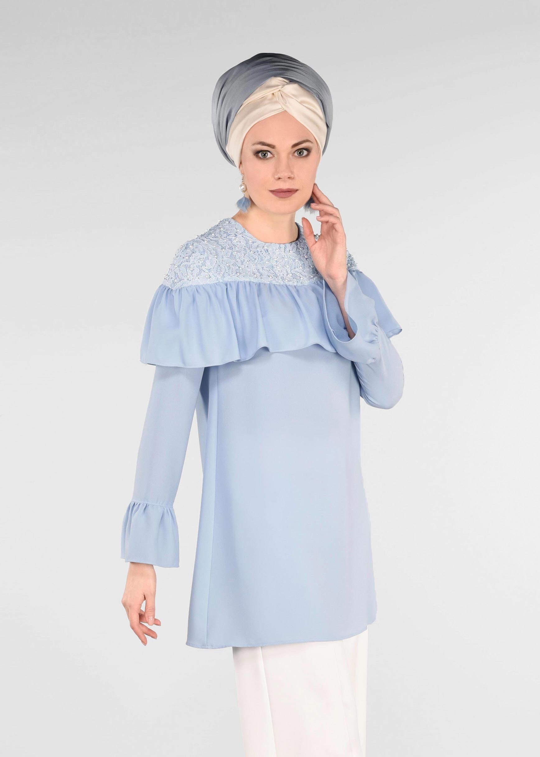 Tesettür giyim MAVİ FIRFIRLI 2&prime;Lİ PANTOLONLU TAKIM 3416