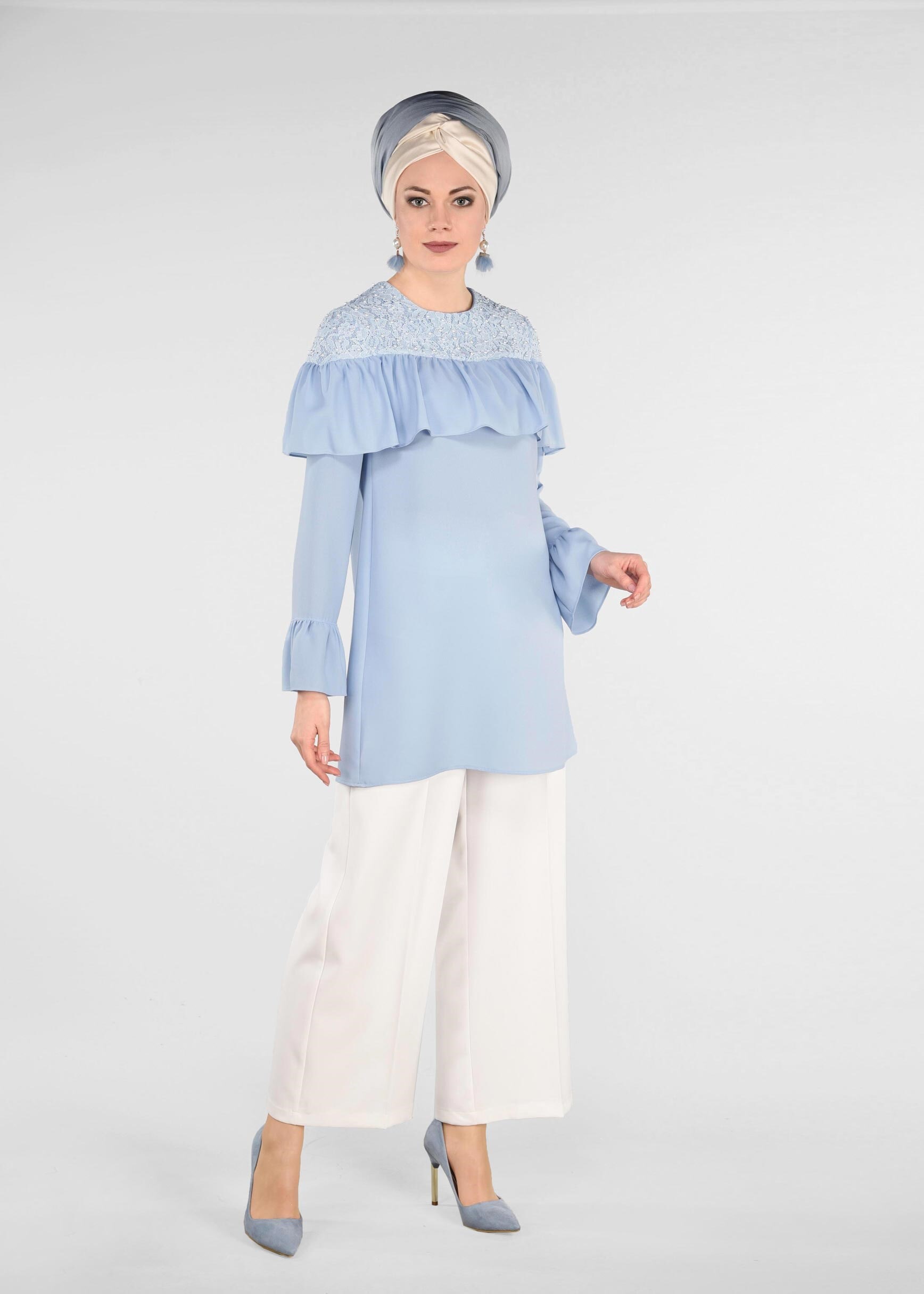 Tesettür giyim MAVİ FIRFIRLI 2&prime;Lİ PANTOLONLU TAKIM 3416