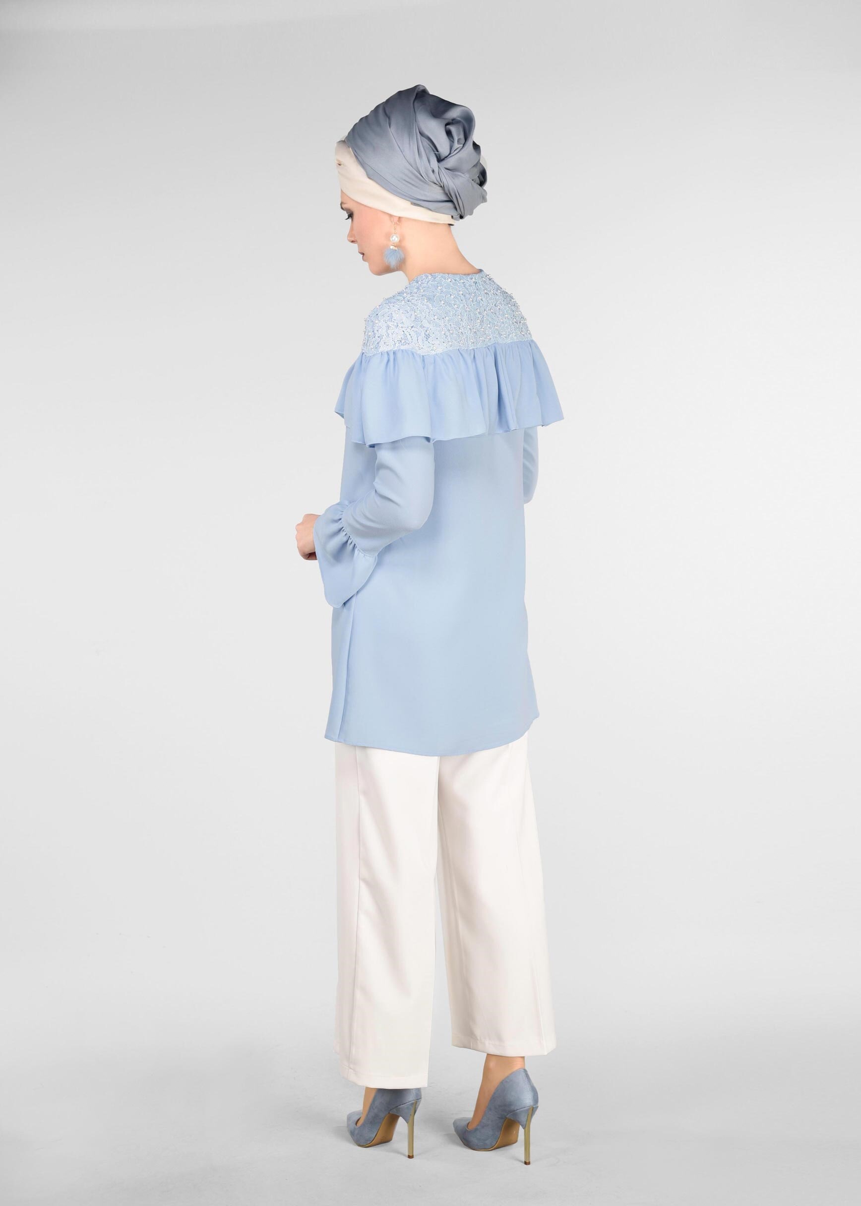 Tesettür giyim MAVİ FIRFIRLI 2&prime;Lİ PANTOLONLU TAKIM 3416