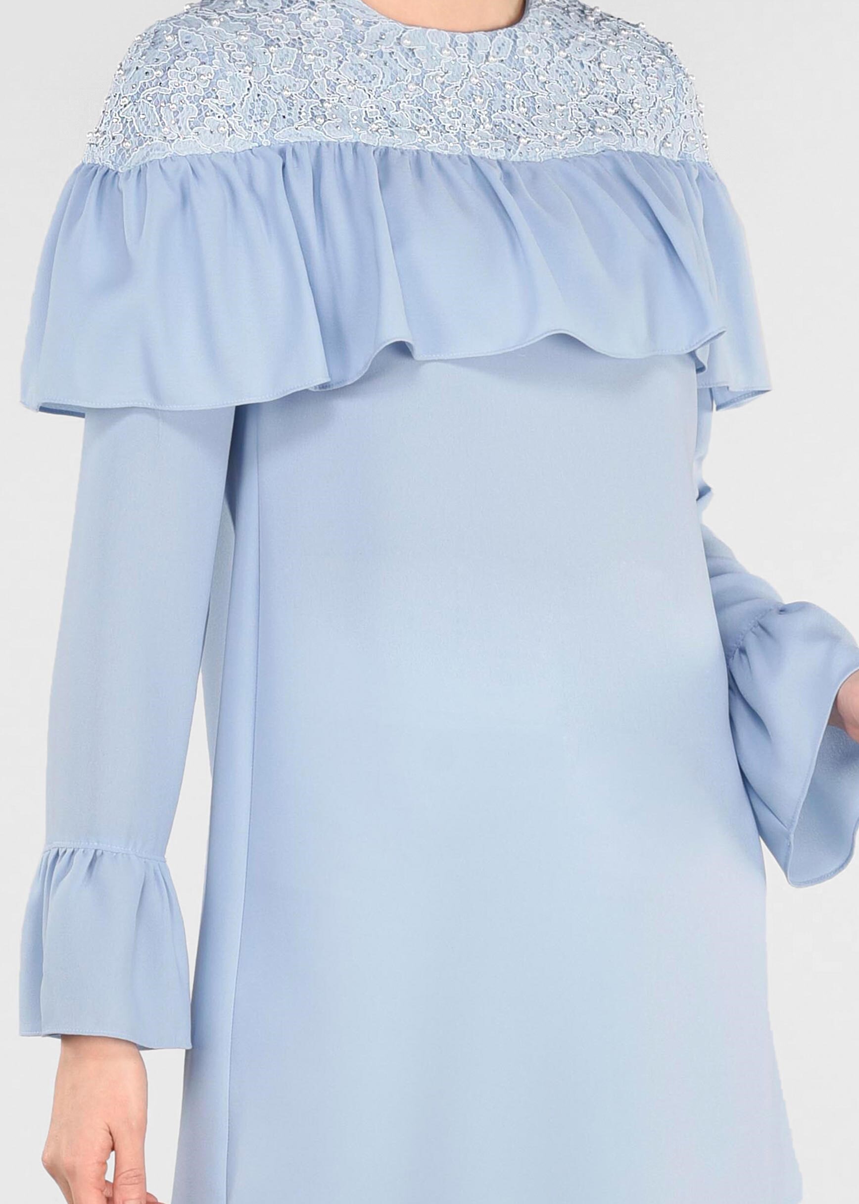 Tesettür giyim MAVİ FIRFIRLI 2&prime;Lİ PANTOLONLU TAKIM 3416