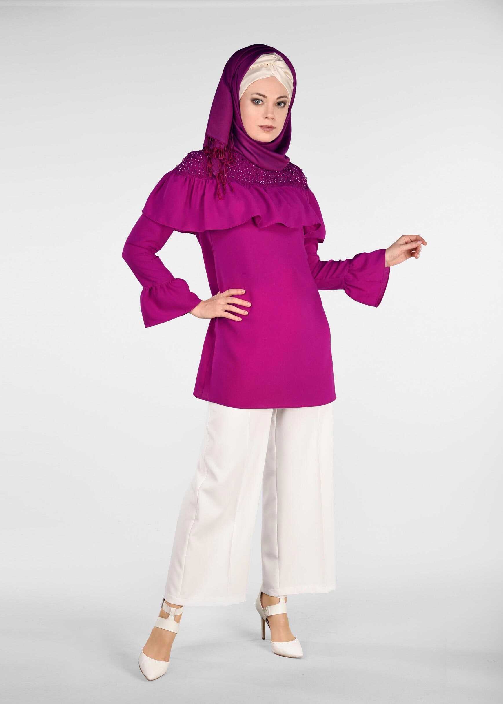 Tesettür giyim MOR FIRFIRLI 2&prime;Lİ PANTOLONLU TAKIM 3416