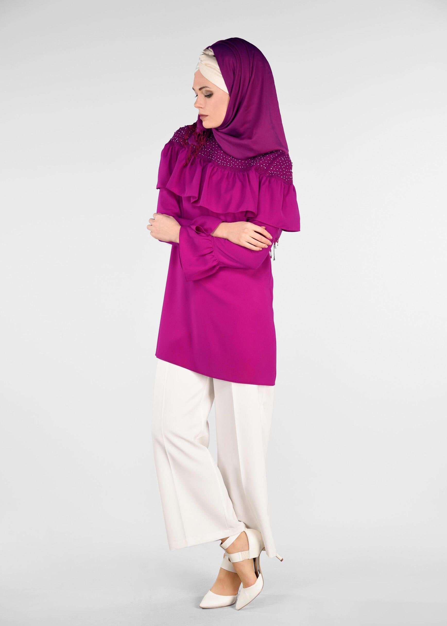 Tesettür giyim MOR FIRFIRLI 2&prime;Lİ PANTOLONLU TAKIM 3416