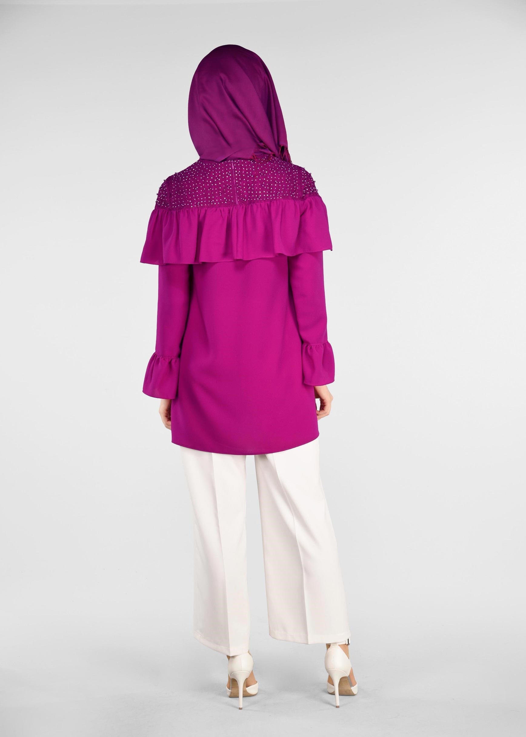 Tesettür giyim MOR FIRFIRLI 2&prime;Lİ PANTOLONLU TAKIM 3416