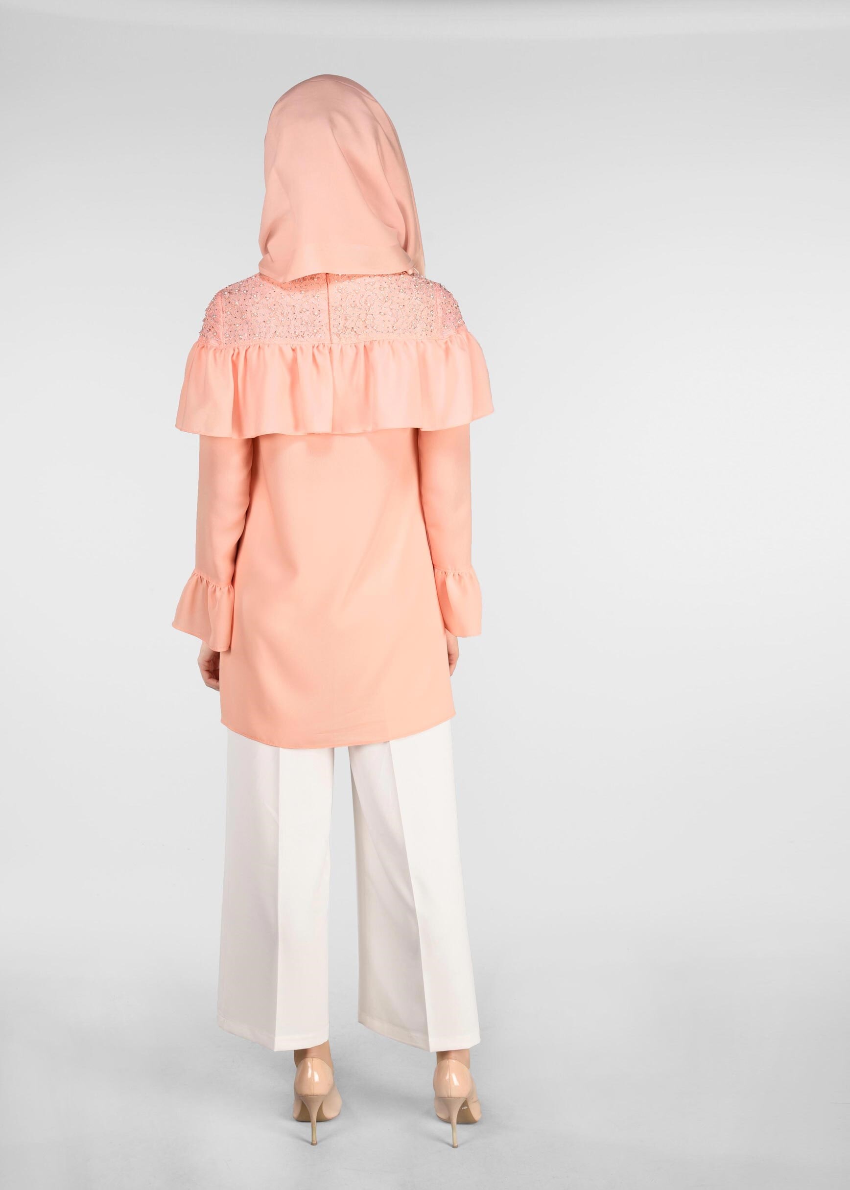 Tesettür giyim PUDRA FIRFIRLI 2&prime;Lİ PANTOLONLU TAKIM 3416