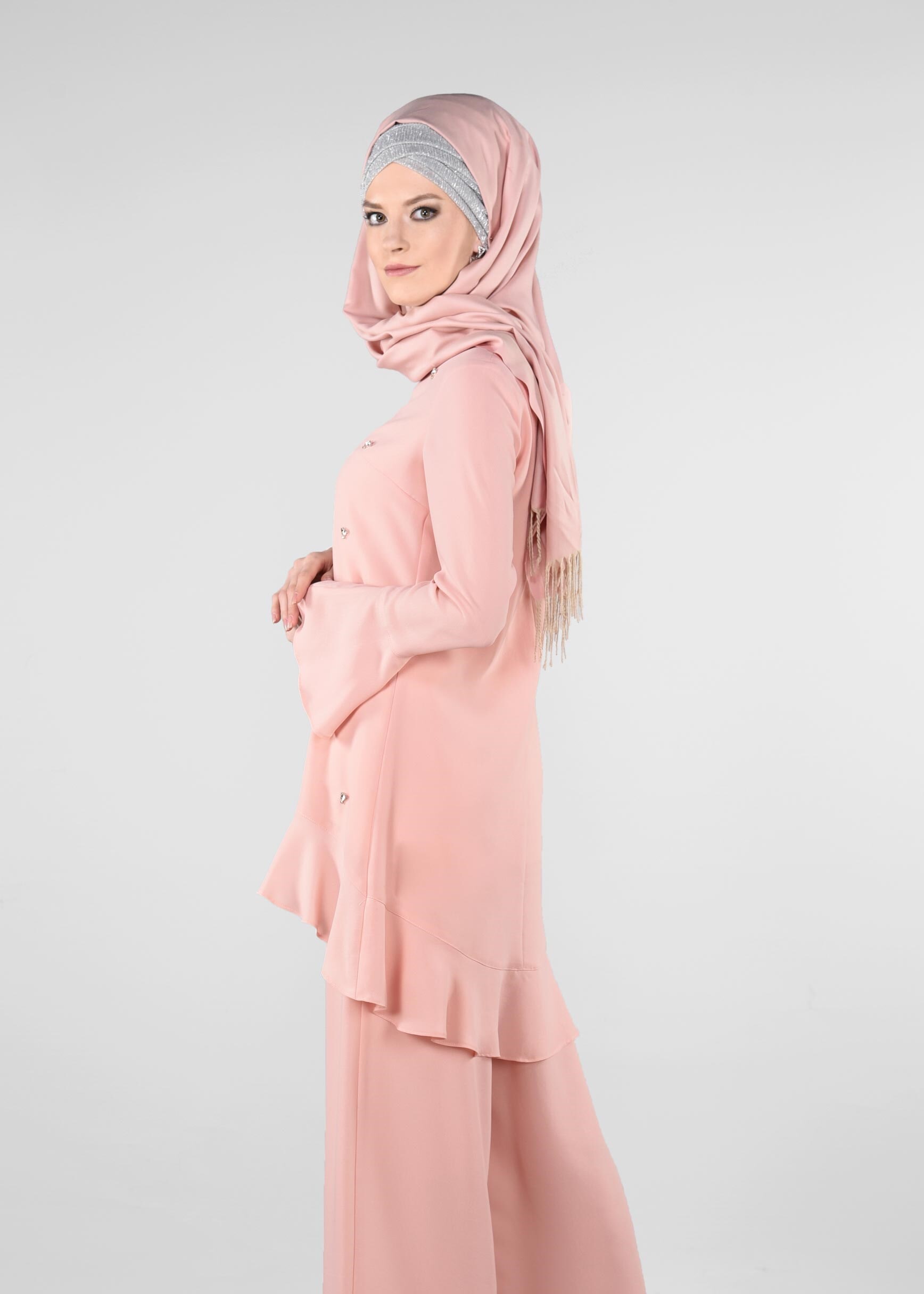 Tesettür giyim PUDRA GENİŞ KOLLU BONCUK DETAYLI 2&prime;Lİ PANTOLONLU TAKIM 3418