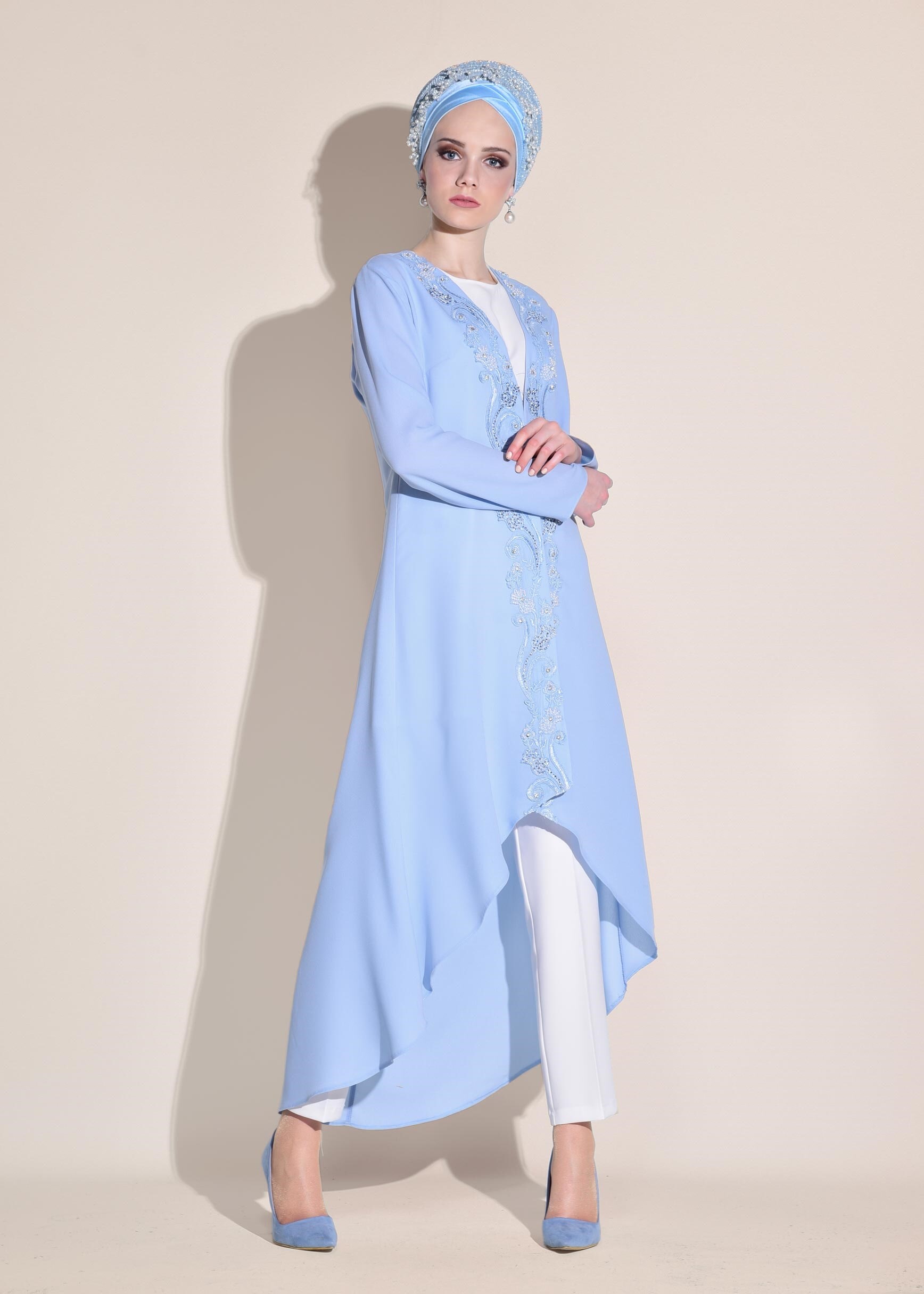 Tesettür giyim MAVİ NAKIŞ İŞLEMELİ 3&prime;LÜ PANTOLONLU TAKIM 3424P