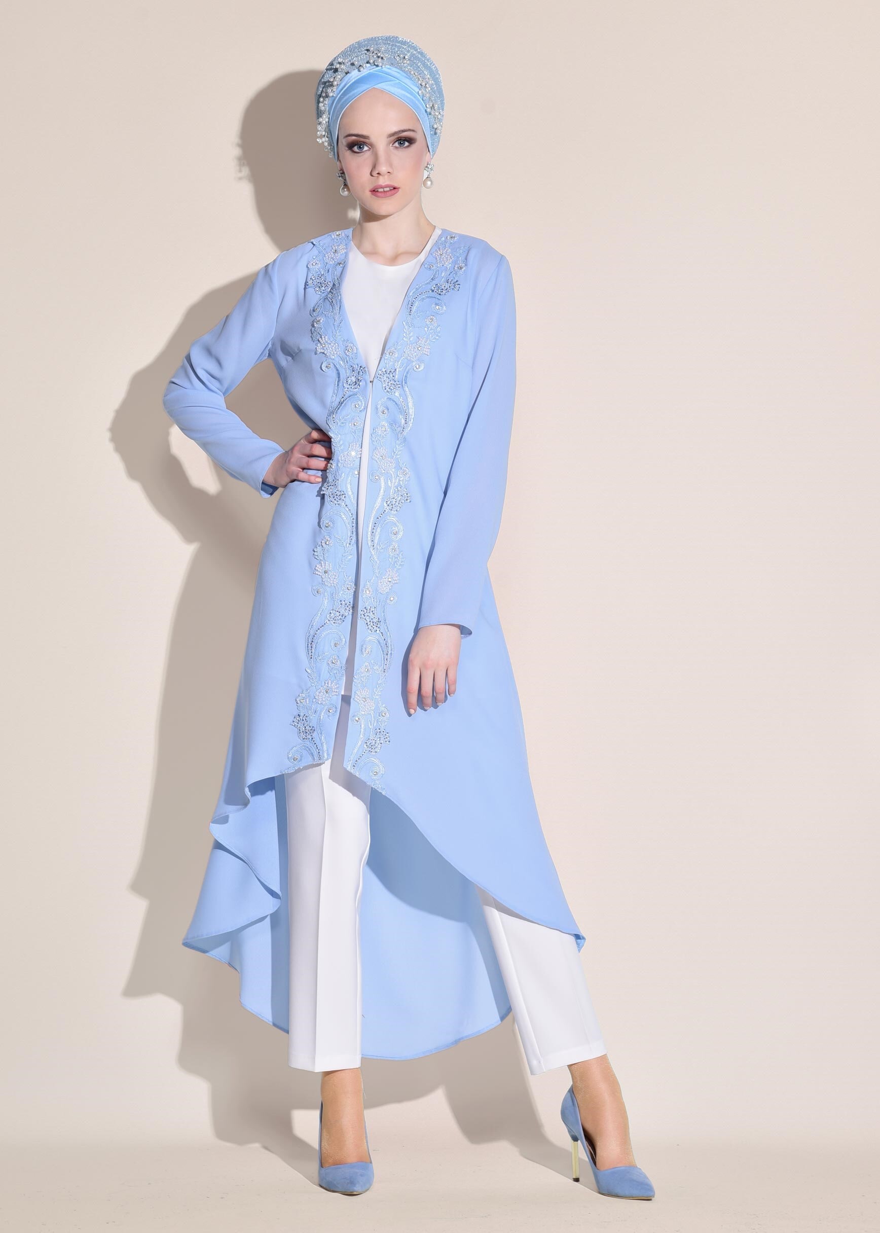 Tesettür giyim MAVİ NAKIŞ İŞLEMELİ 3&prime;LÜ PANTOLONLU TAKIM 3424P