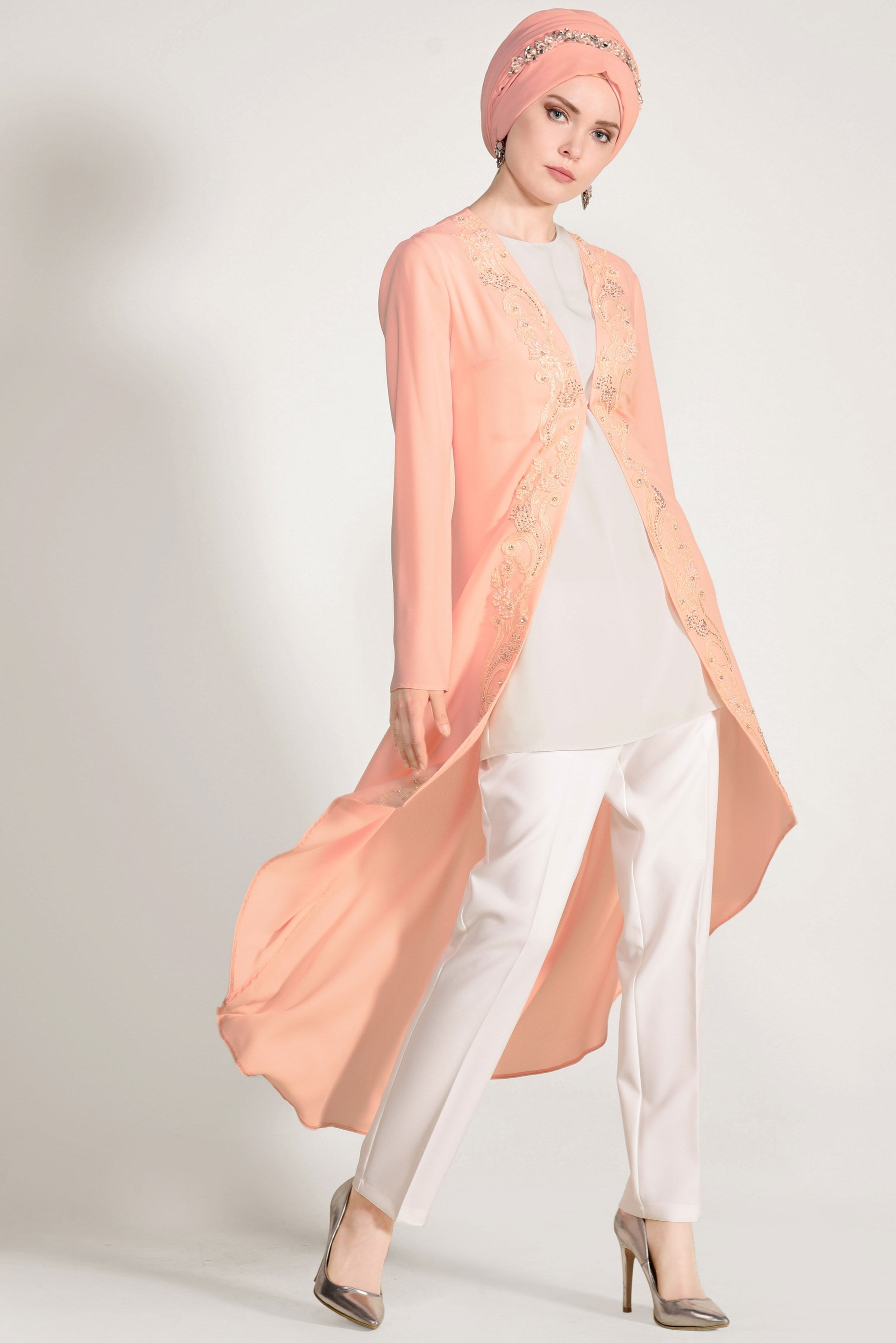 Tesettür giyim PUDRA NAKIŞ İŞLEMELİ 3&prime;LÜ PANTOLONLU TAKIM 3424P