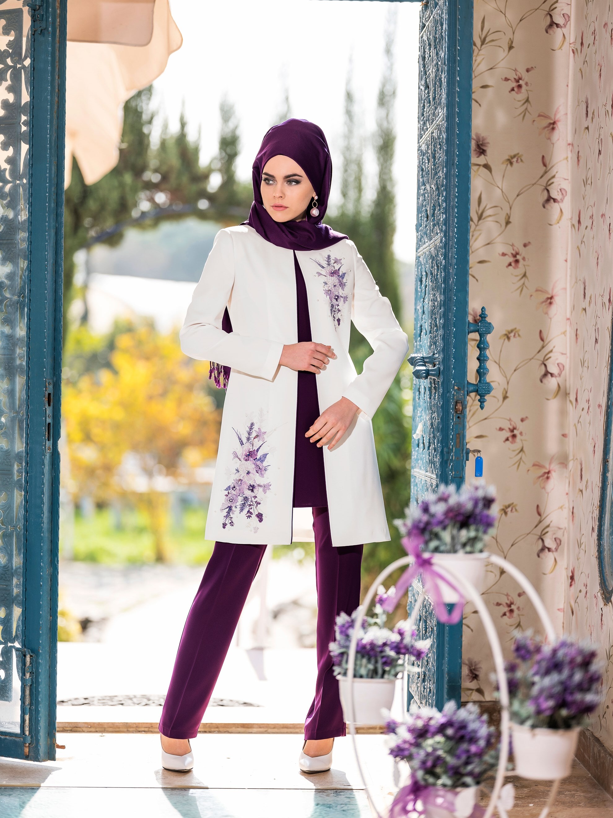 Tesettür giyim MOR ÇİÇEK BASKILI 3&prime;LÜ PANTOLONLU TAKIM 3445P