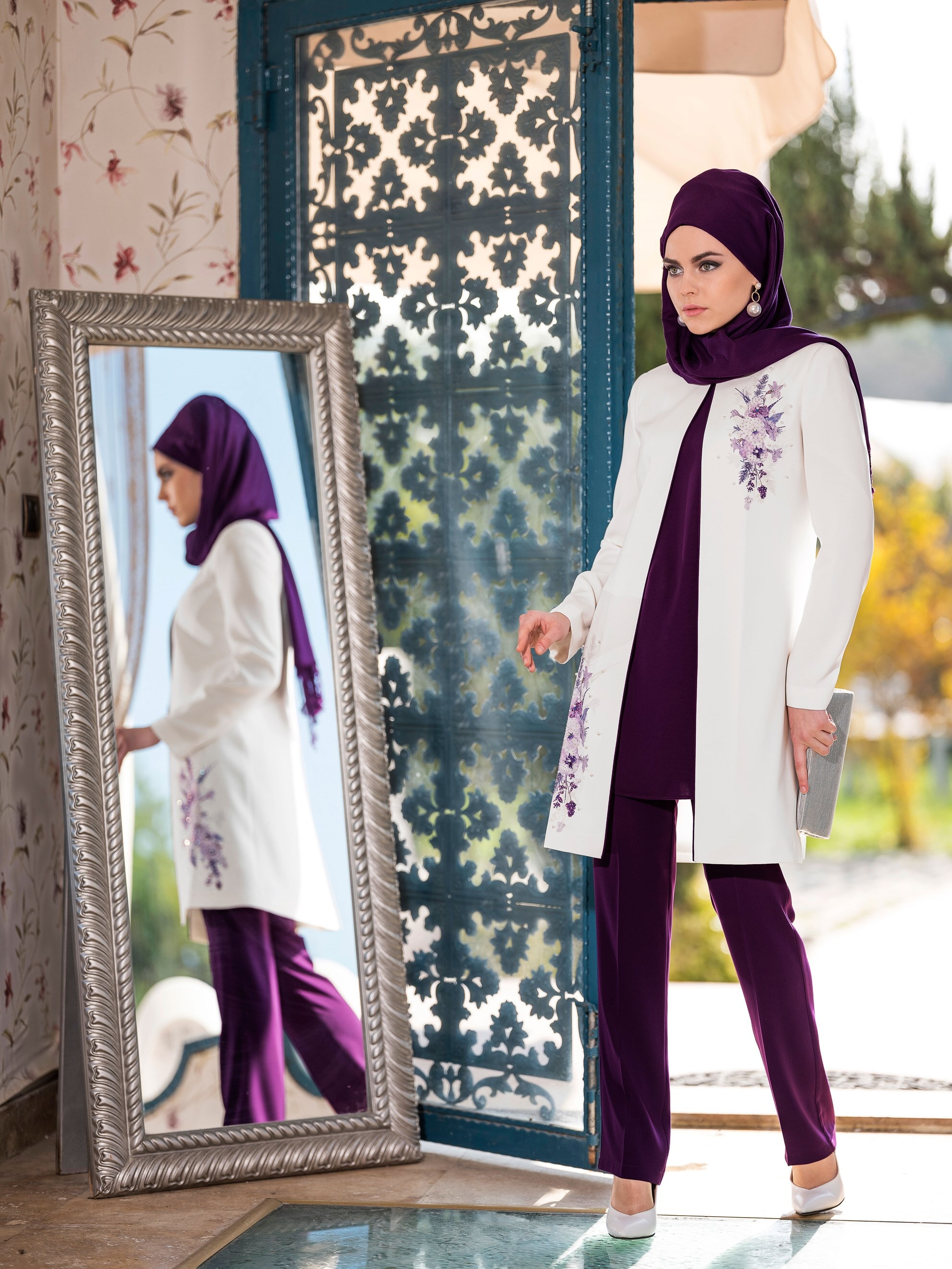 Tesettür giyim MOR ÇİÇEK BASKILI 3&prime;LÜ PANTOLONLU TAKIM 3445P