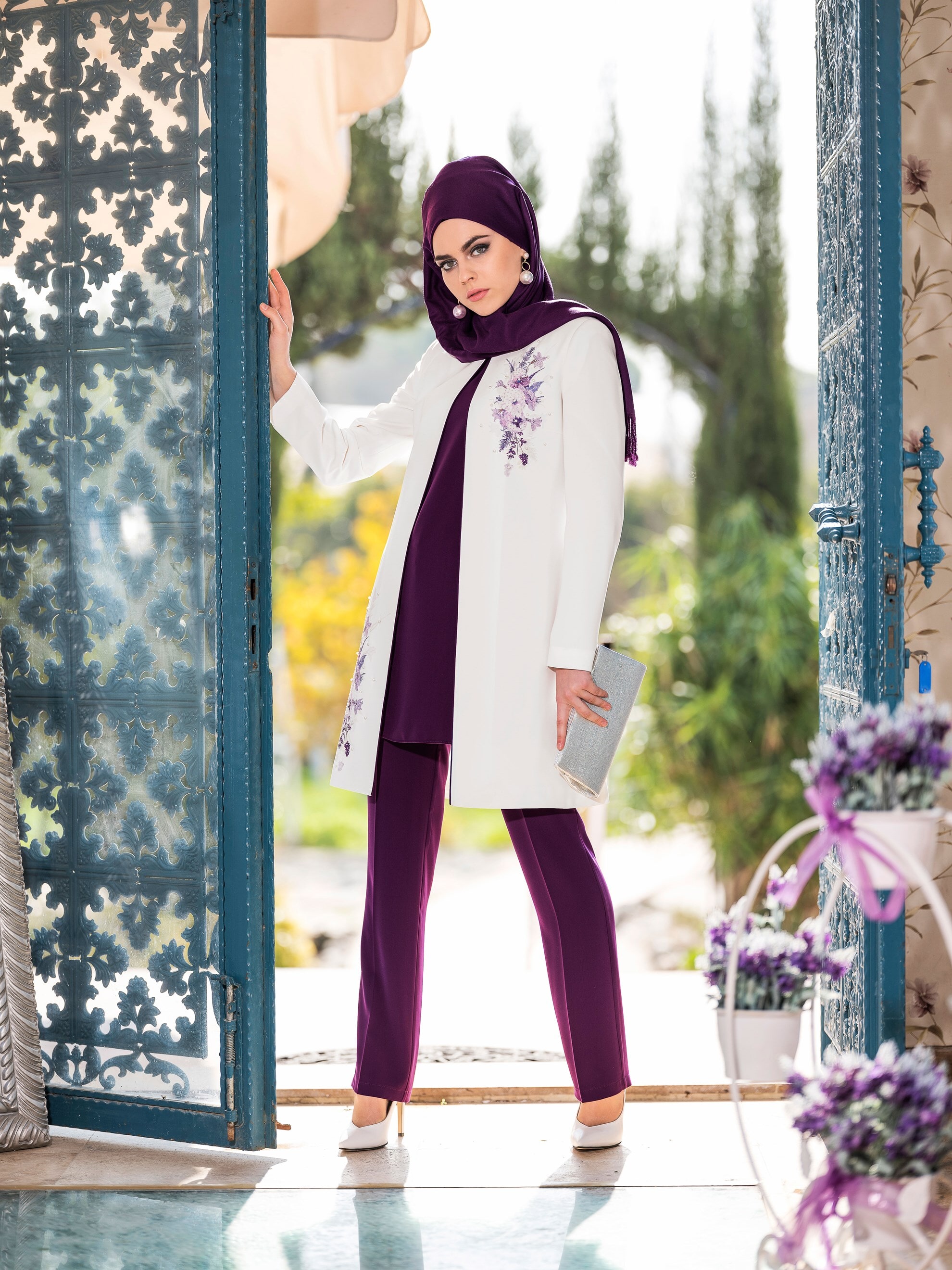 Tesettür giyim MOR ÇİÇEK BASKILI 3&prime;LÜ PANTOLONLU TAKIM 3445P