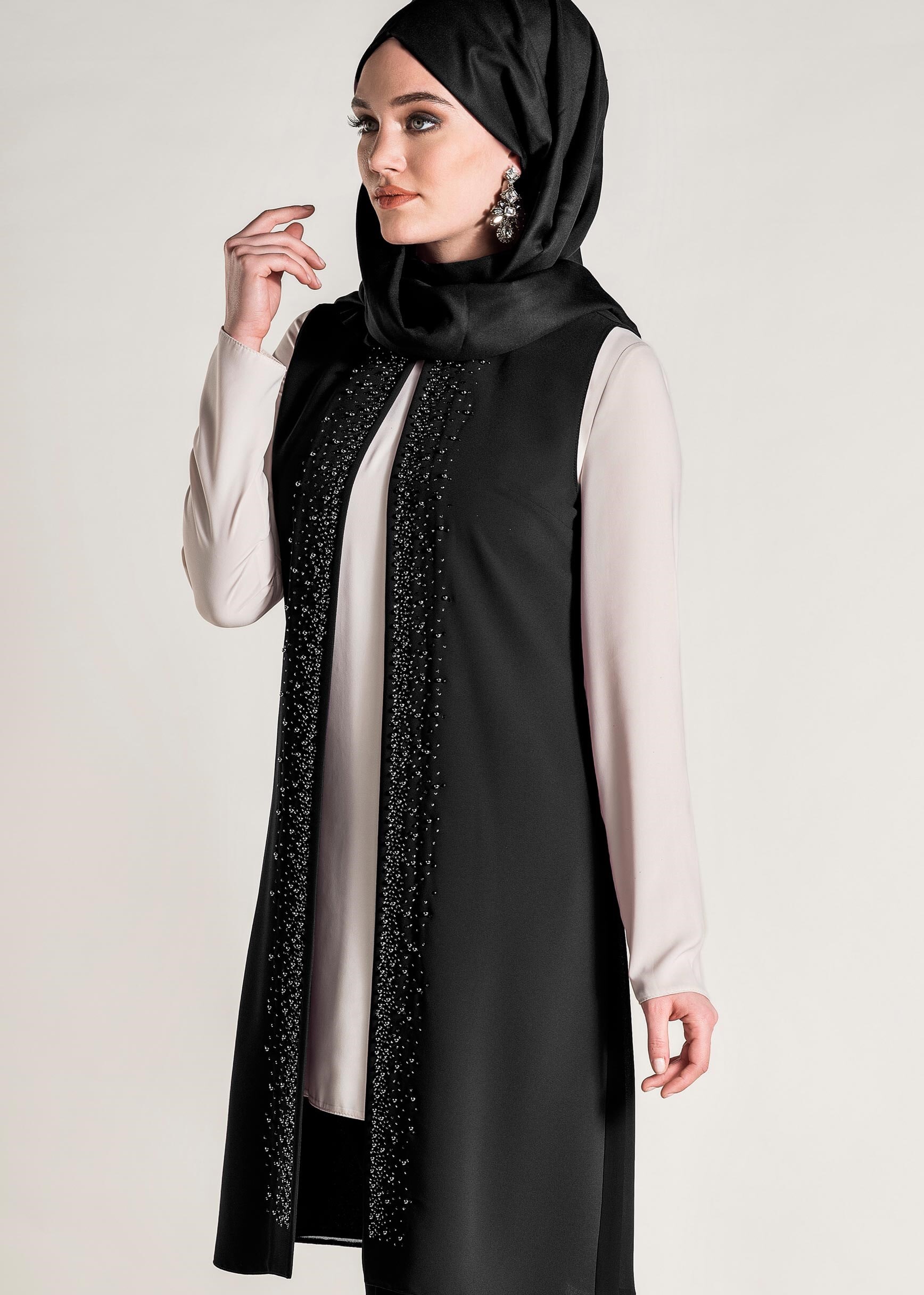 Tesettür giyim SİYAH SİM DETAYLI 3&prime;LÜ PANTOLONLU TAKIM 3446P