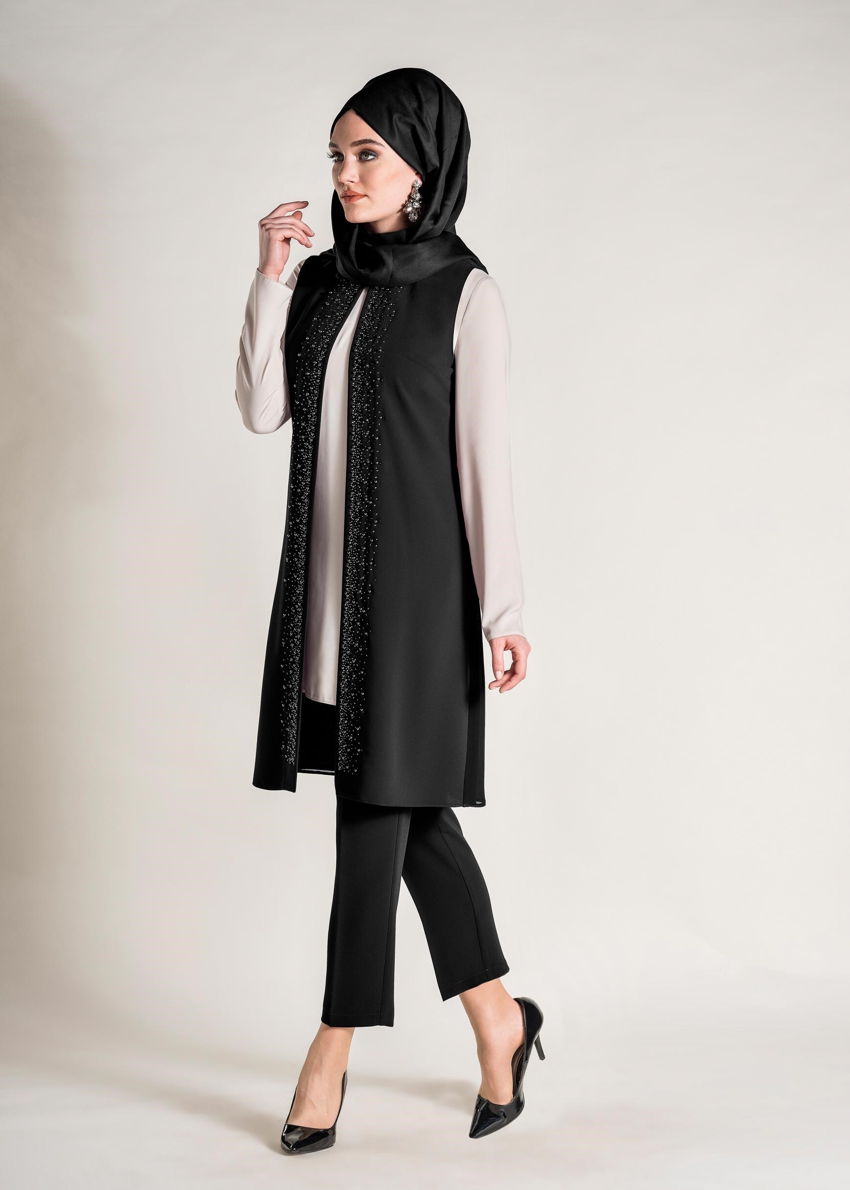 Tesettür giyim SİYAH SİM DETAYLI 3&prime;LÜ PANTOLONLU TAKIM 3446P