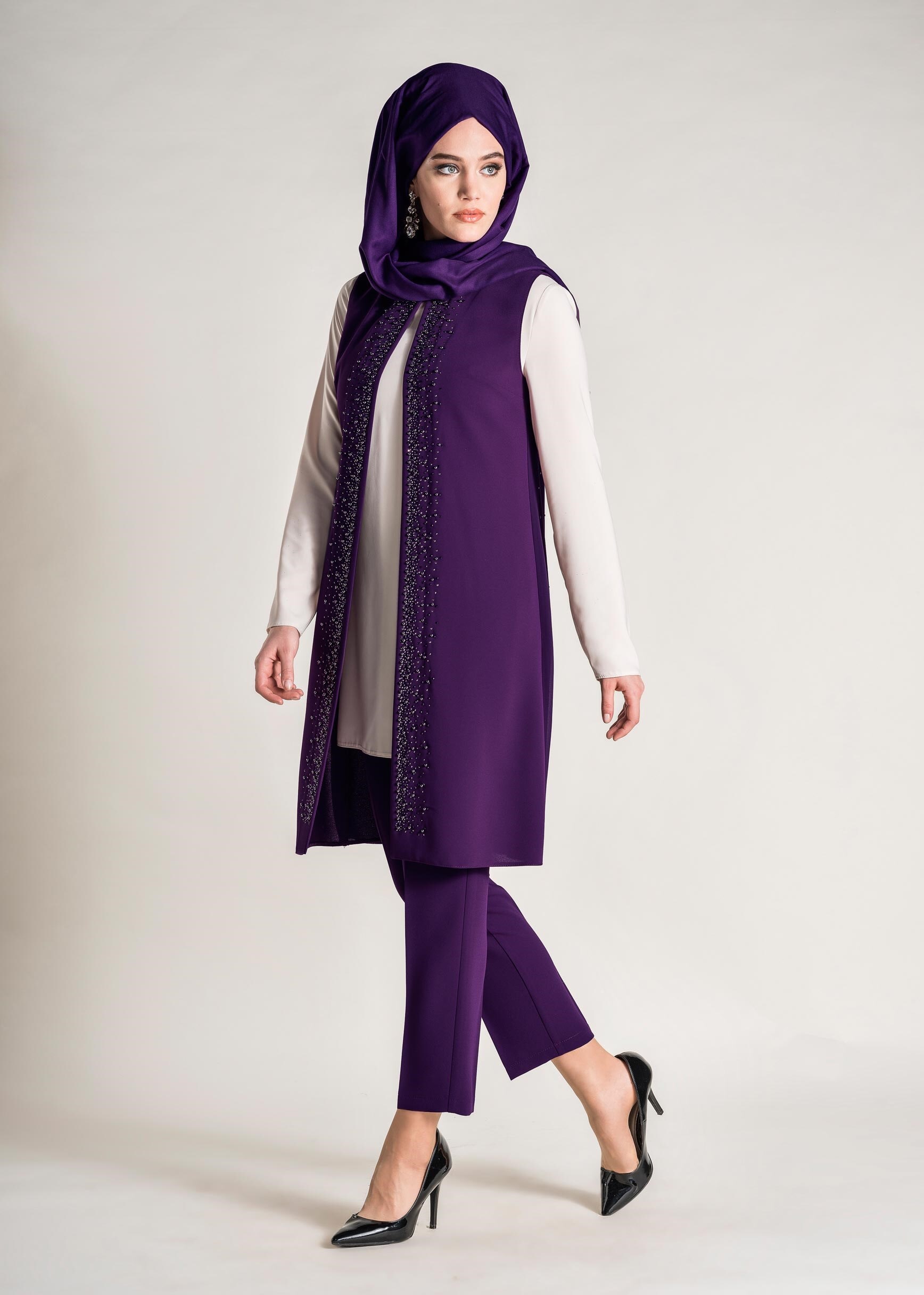 Tesettür giyim MOR SİM DETAYLI 3&prime;LÜ PANTOLONLU TAKIM 3446P