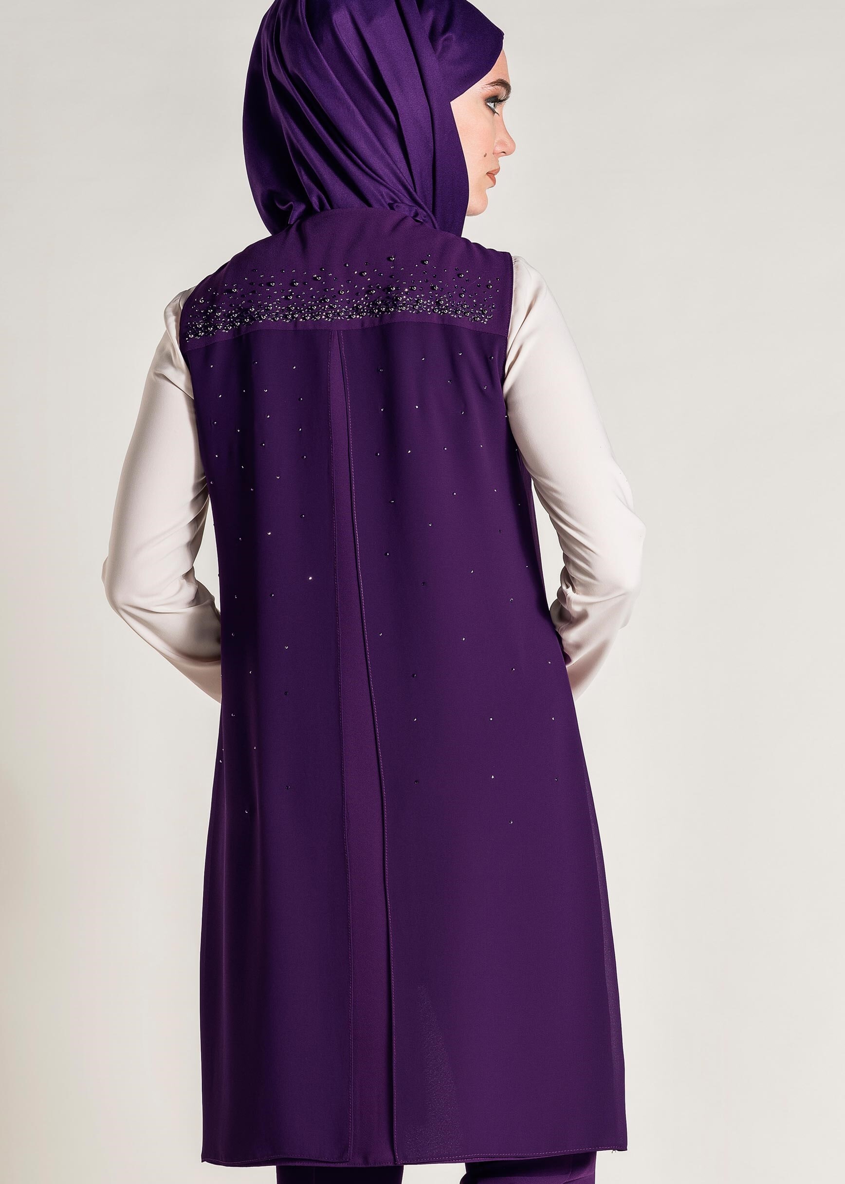 Tesettür giyim MOR SİM DETAYLI 3&prime;LÜ PANTOLONLU TAKIM 3446P