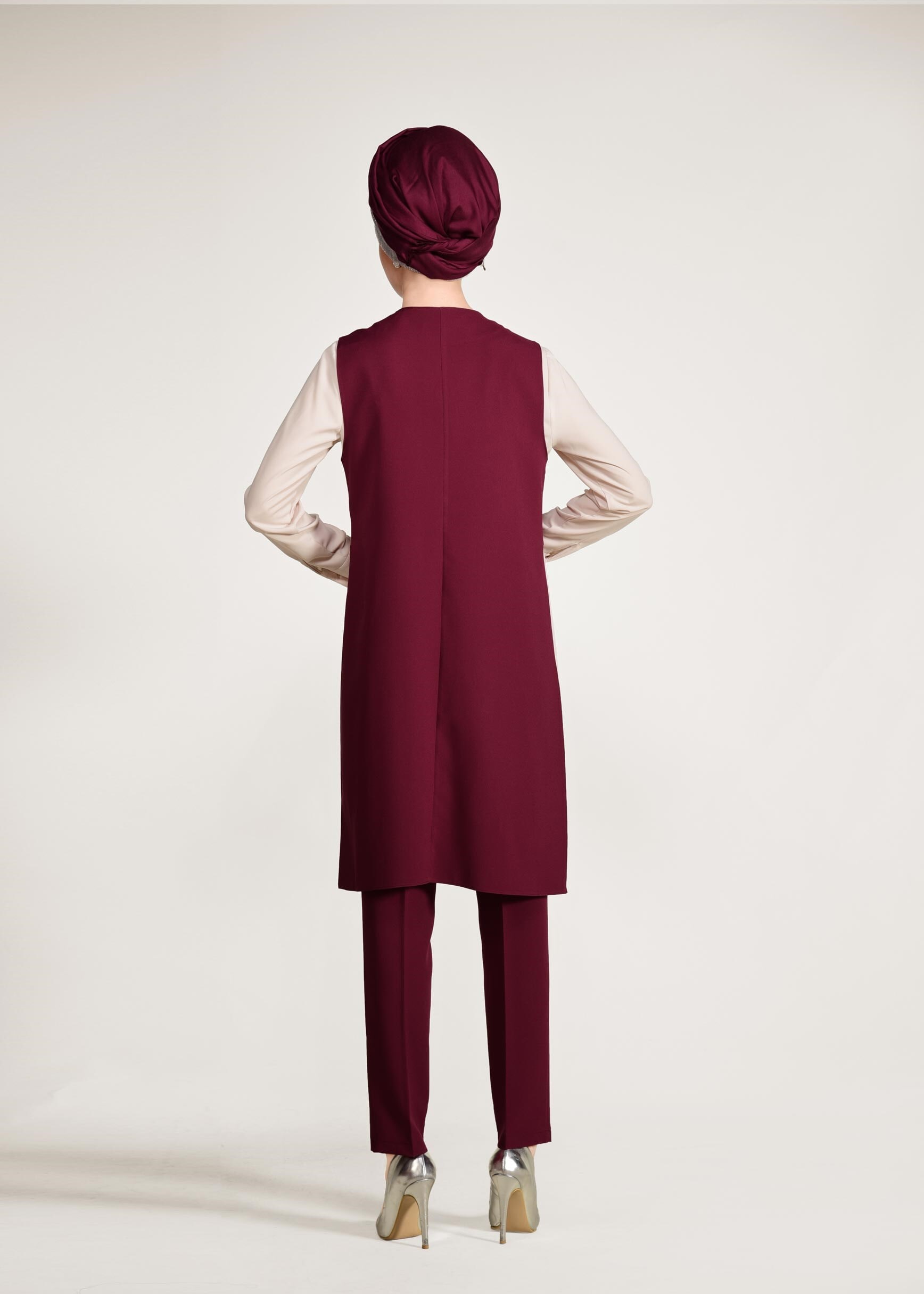 Tesettür giyim BORDO ÇİÇEK BASKILI 3&prime;LÜ PANTOLONLU TAKIM 3447P