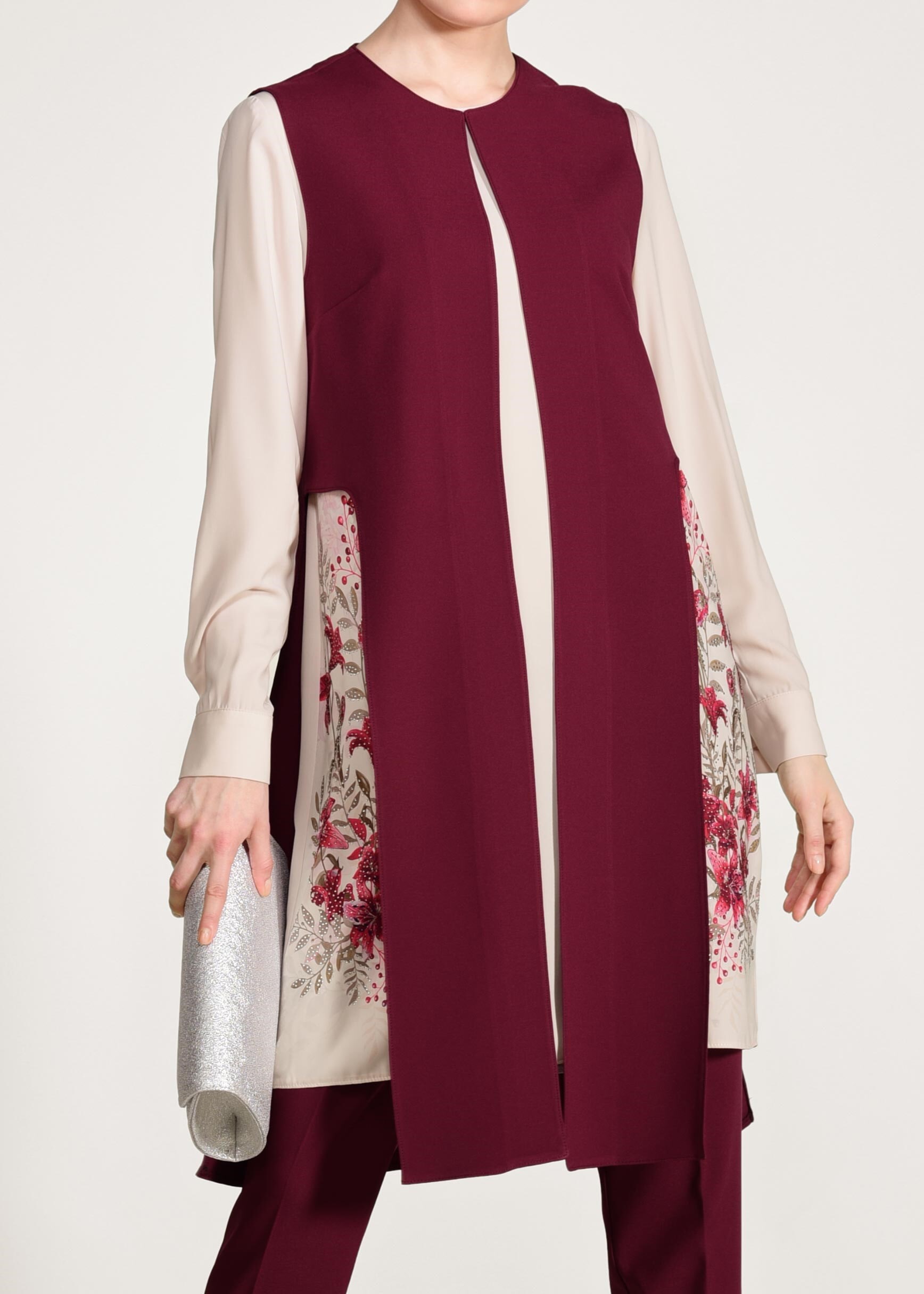 Tesettür giyim BORDO ÇİÇEK BASKILI 3&prime;LÜ PANTOLONLU TAKIM 3447P