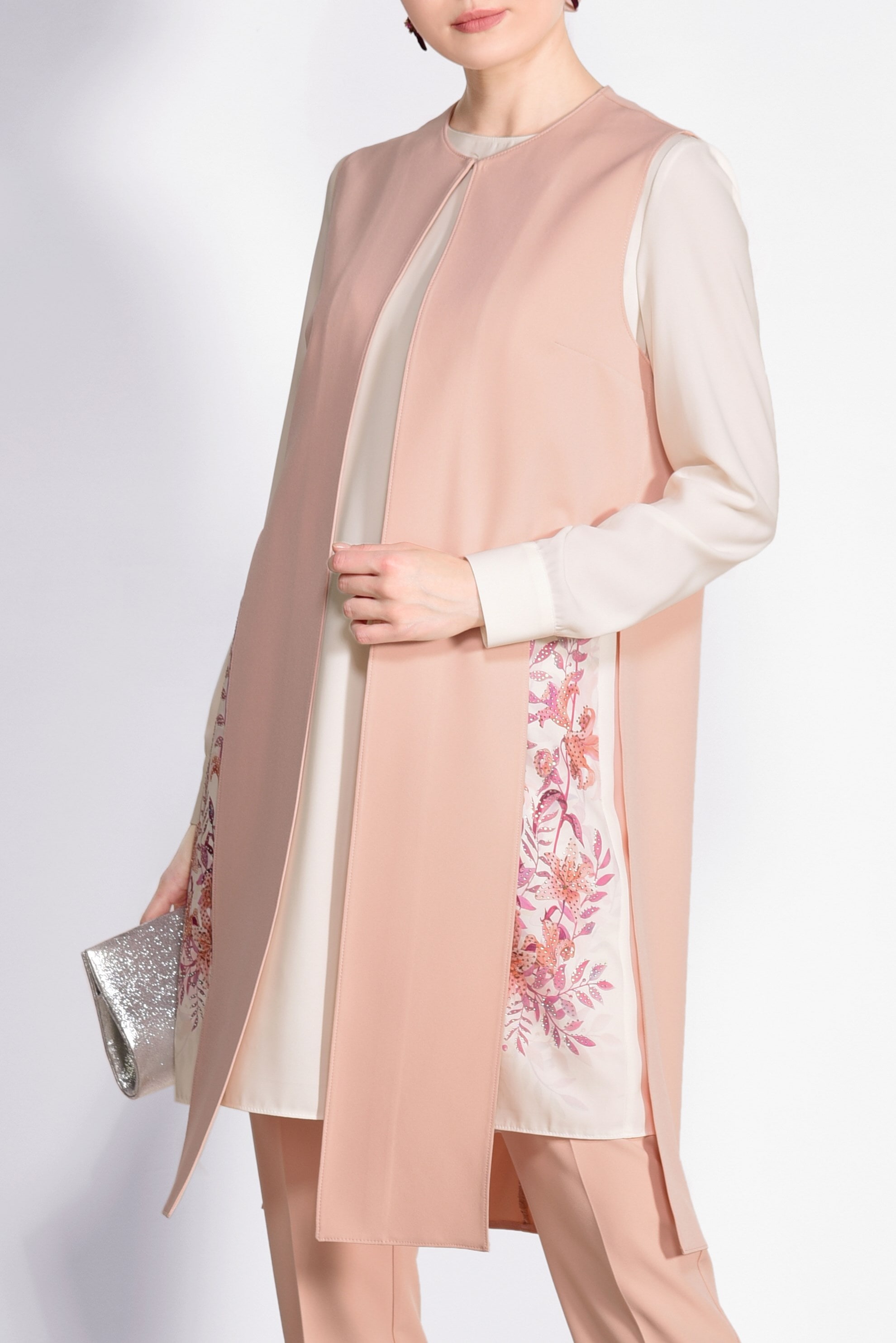 Tesettür giyim PUDRA ÇİÇEK BASKILI 3&prime;LÜ PANTOLONLU TAKIM 3447P