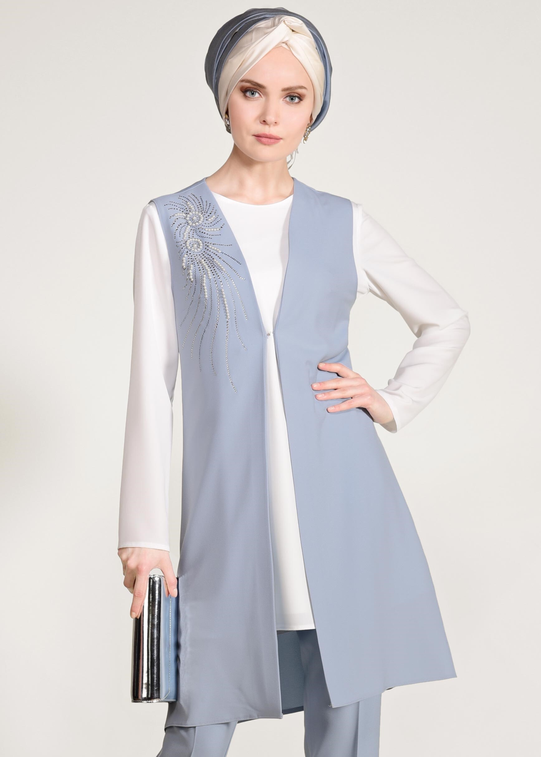 Tesettür giyim MAVİ TAŞ BASKILI ÜÇLÜ PANTOLONLU TAKIM 3450P