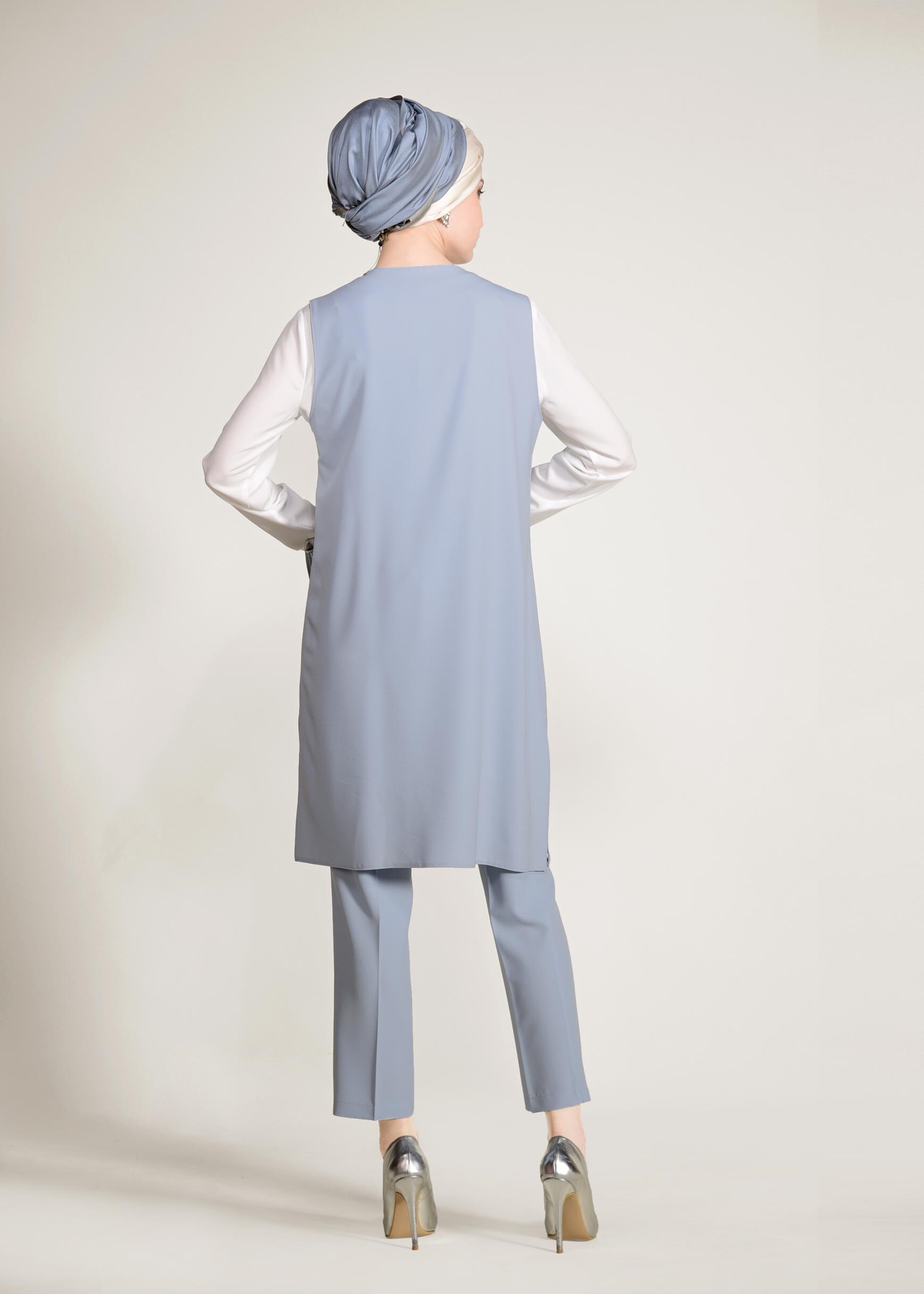 Tesettür giyim MAVİ TAŞ BASKILI ÜÇLÜ PANTOLONLU TAKIM 3450P