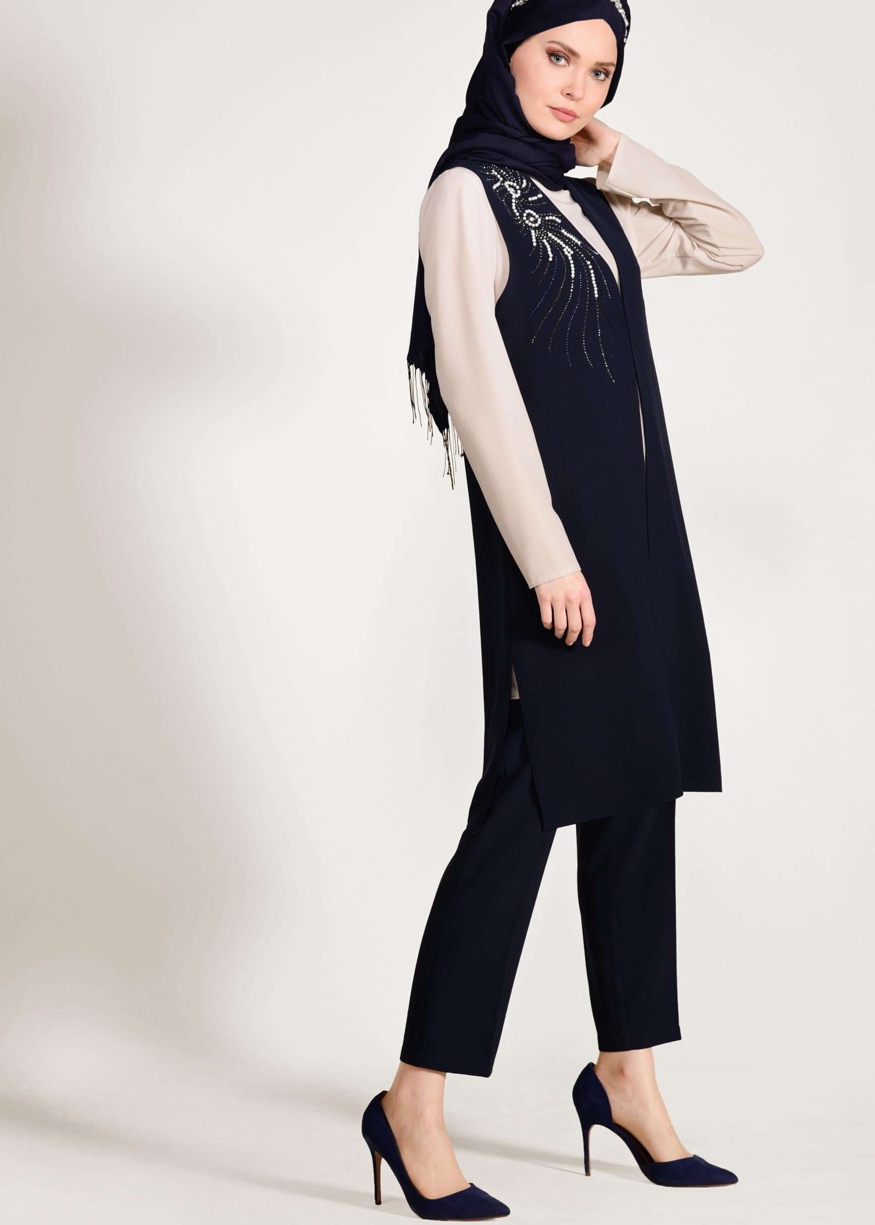 Tesettür giyim LACİVERT TAŞ BASKILI ÜÇLÜ PANTOLONLU TAKIM 3450P