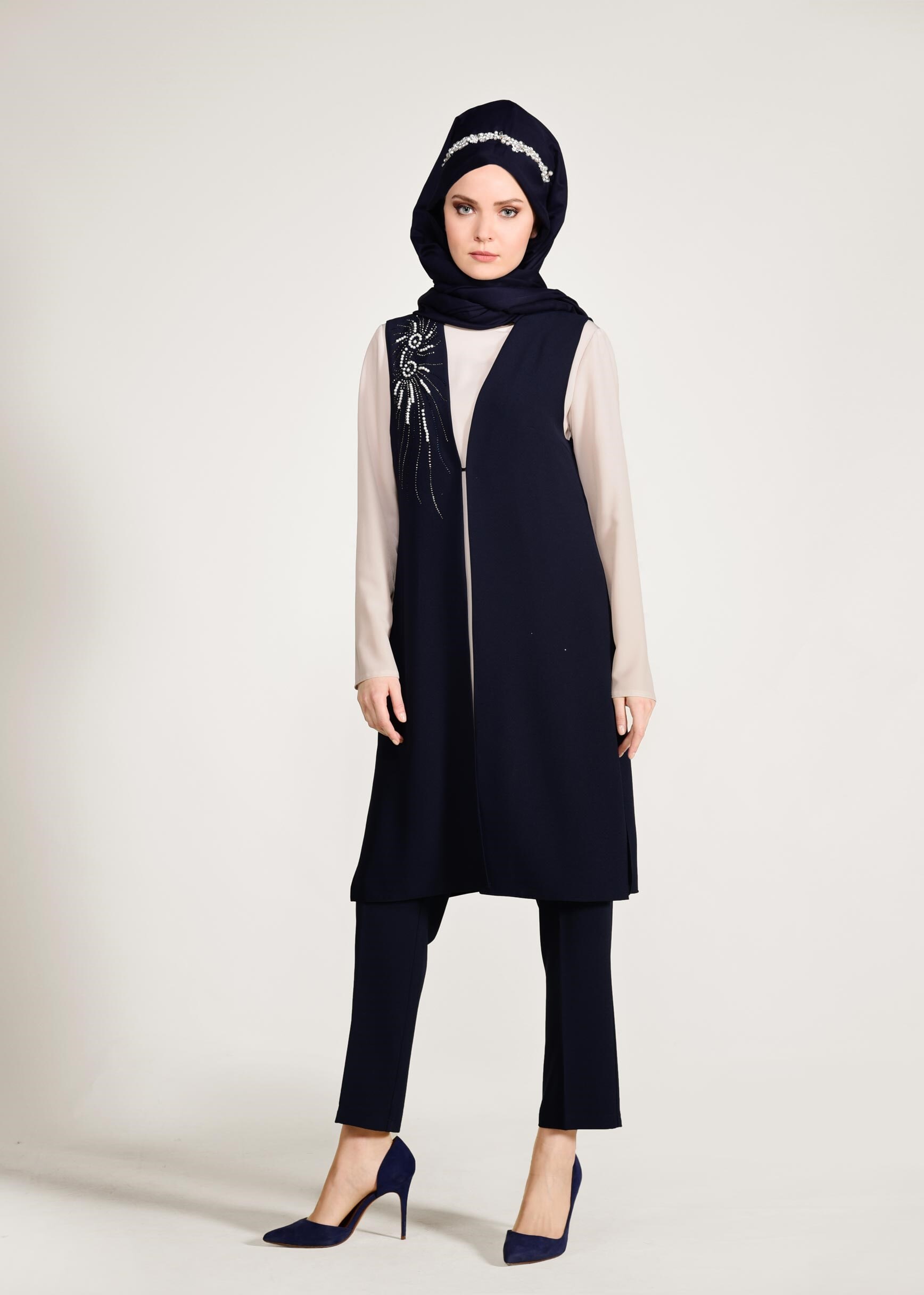 Tesettür giyim LACİVERT TAŞ BASKILI ÜÇLÜ PANTOLONLU TAKIM 3450P