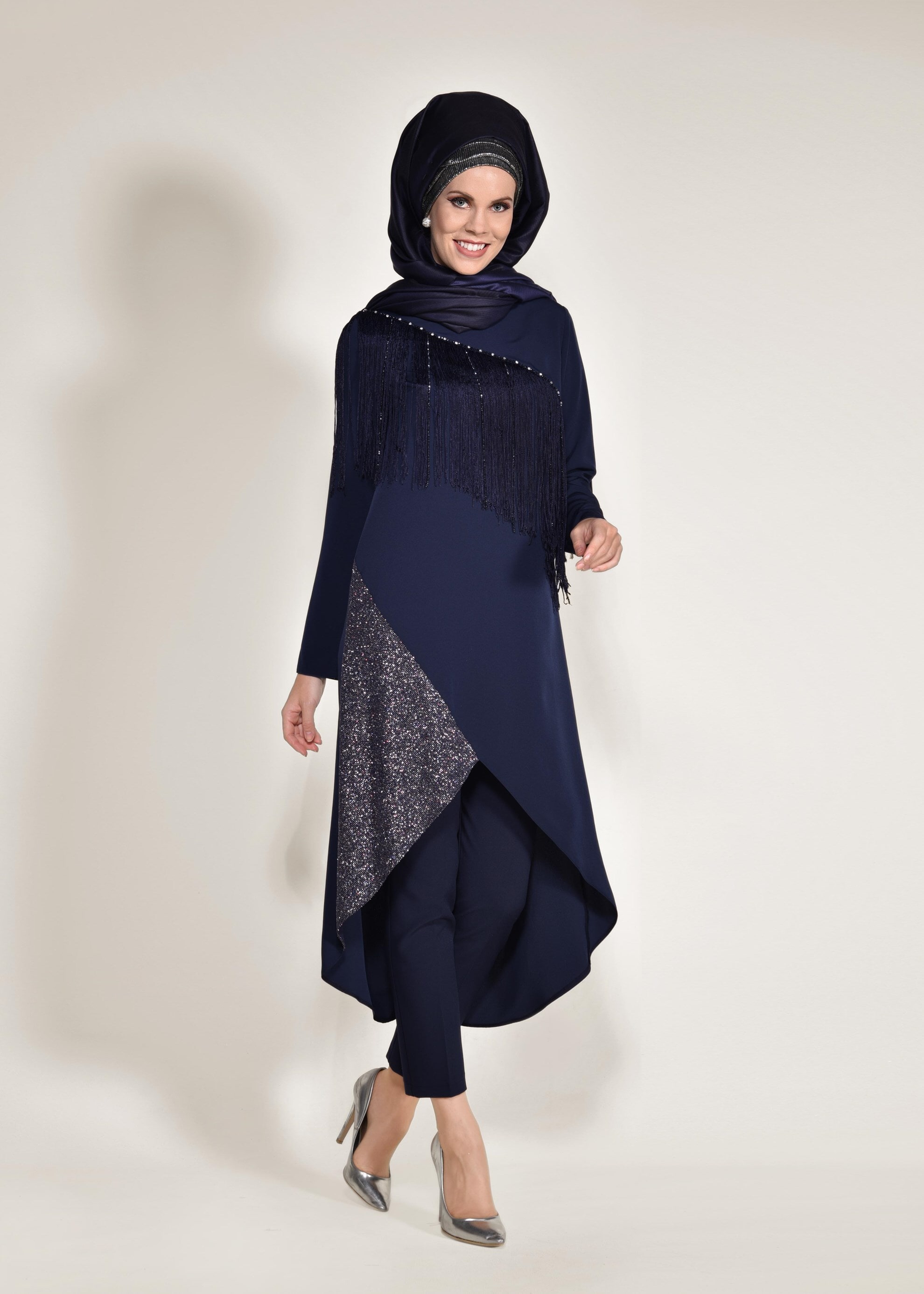 Tesettür giyim LACİVERT PÜSKÜLLÜ VE SİMLİ 2&prime;Lİ PANTOLONLU TAKIM 3451P